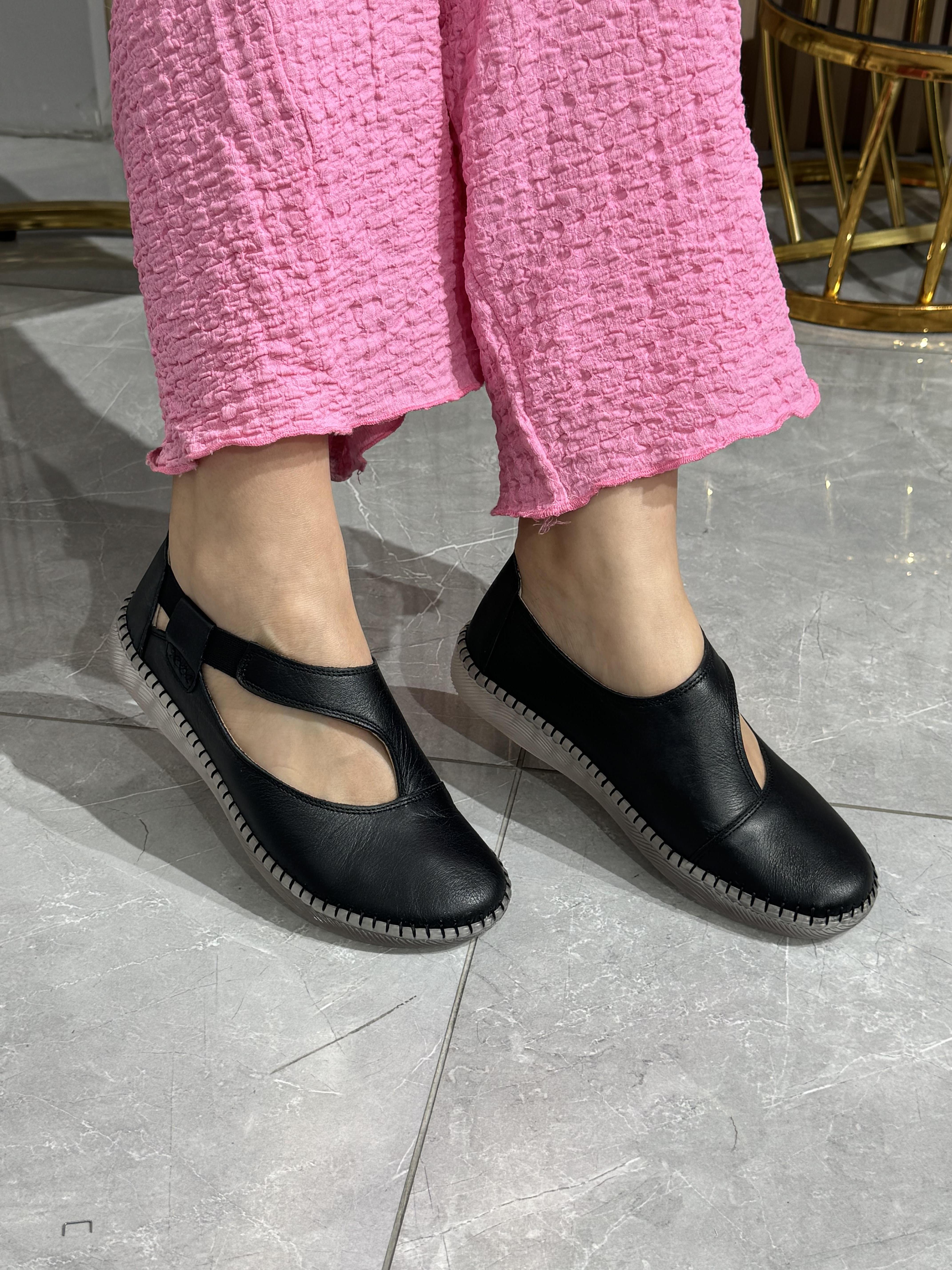 Hakiki Deri Lastikli Kadın Babet Ayakkabı 4053