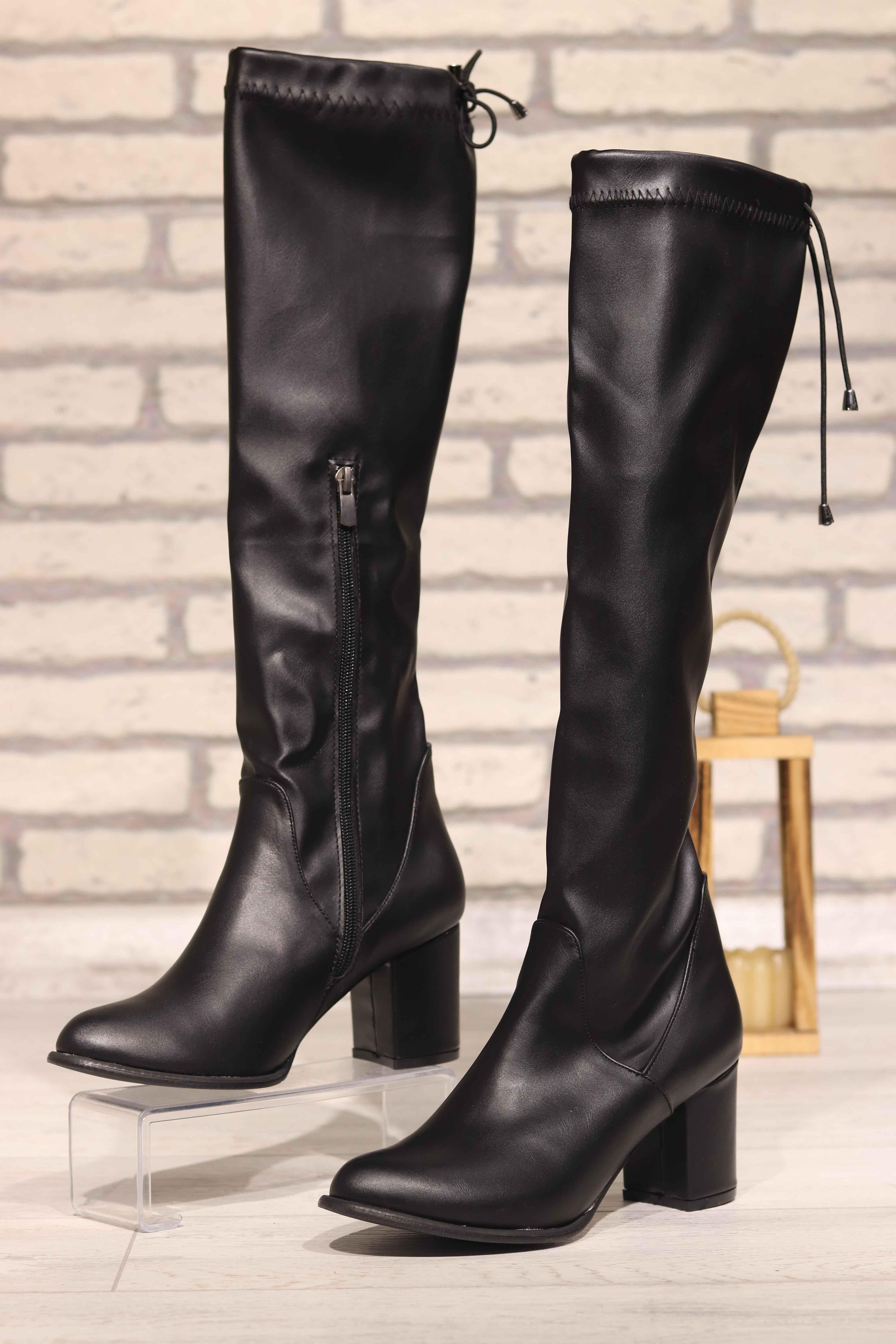 Lastikli Dizaltı Kadın Deri Çizme 275 - SIYAH