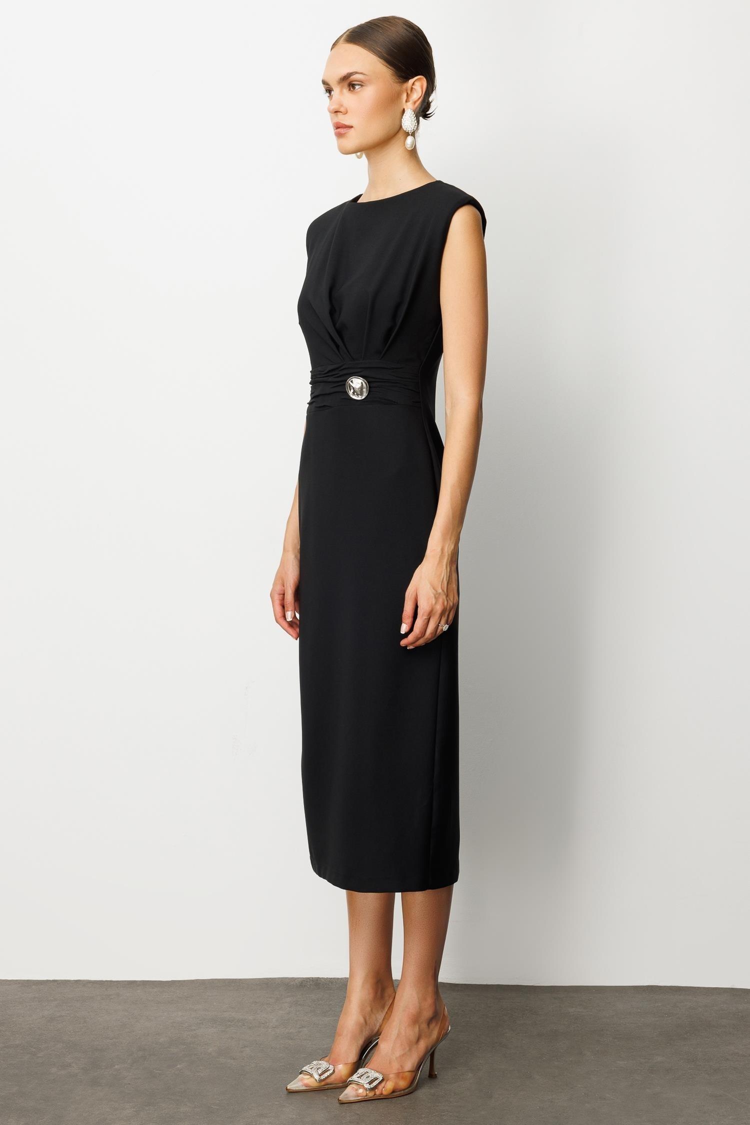 MODAİLGİ Toka Aksesuarlı Midi Boy Elbise 60029 Siyah