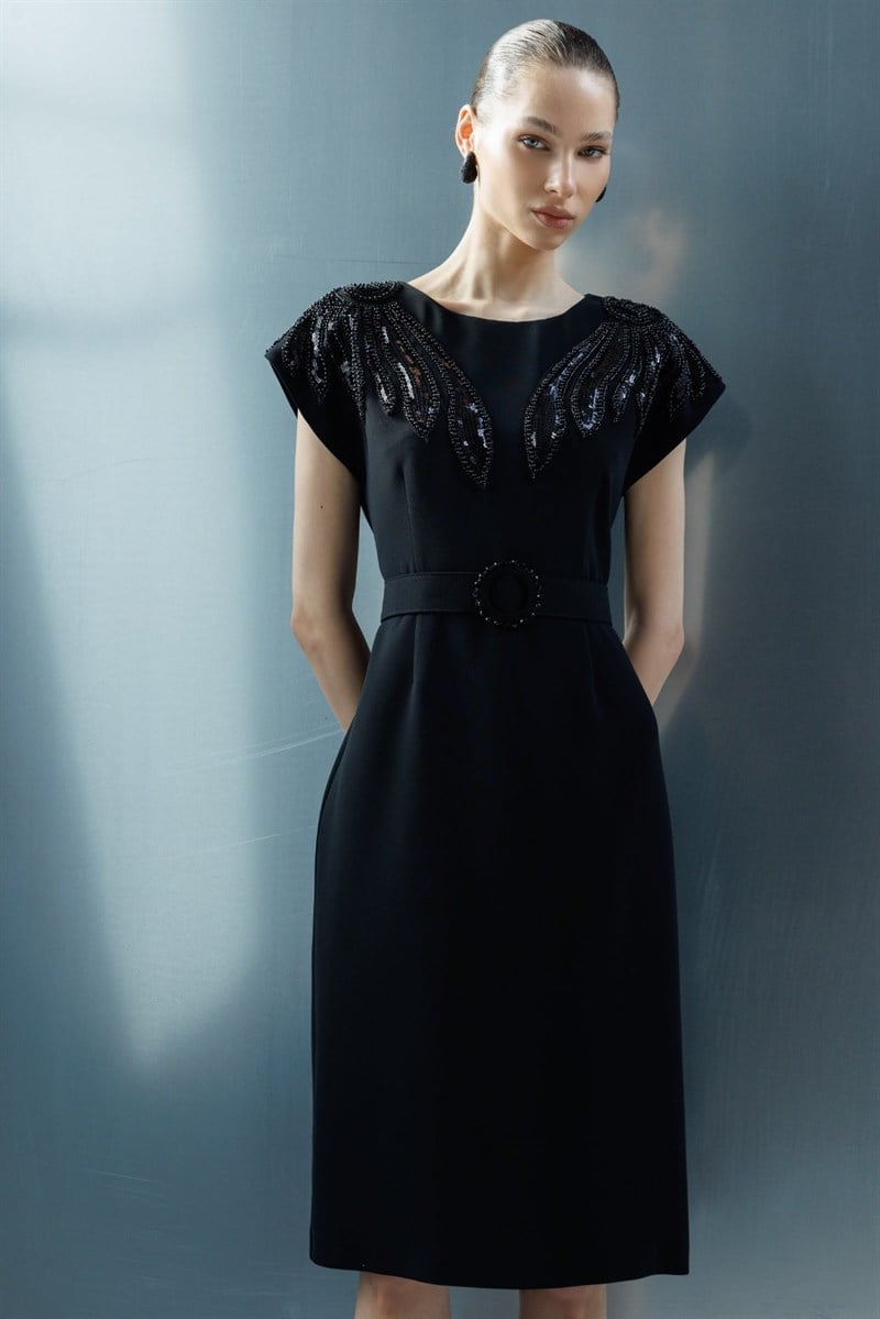 MODA İLGİ Beli Boncuklu Kemer Elbise 60128 Siyah
