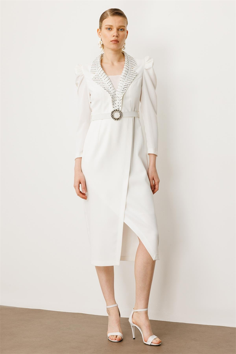 MODA İLGİ Yakası Taşlı Elbise 06641 Ekru