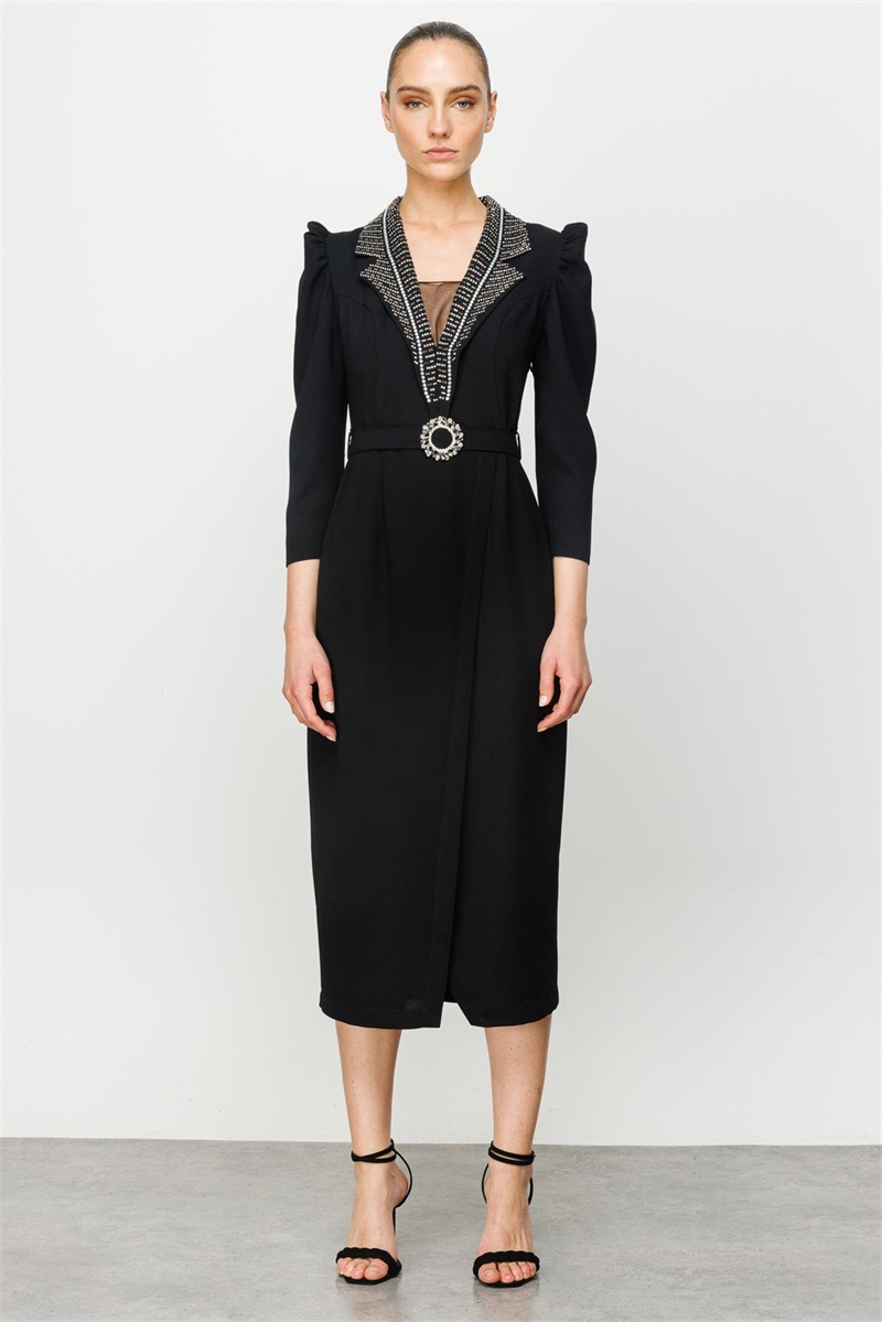 MODA İLGİ Yakası Taşlı Elbise 06641 Siyah