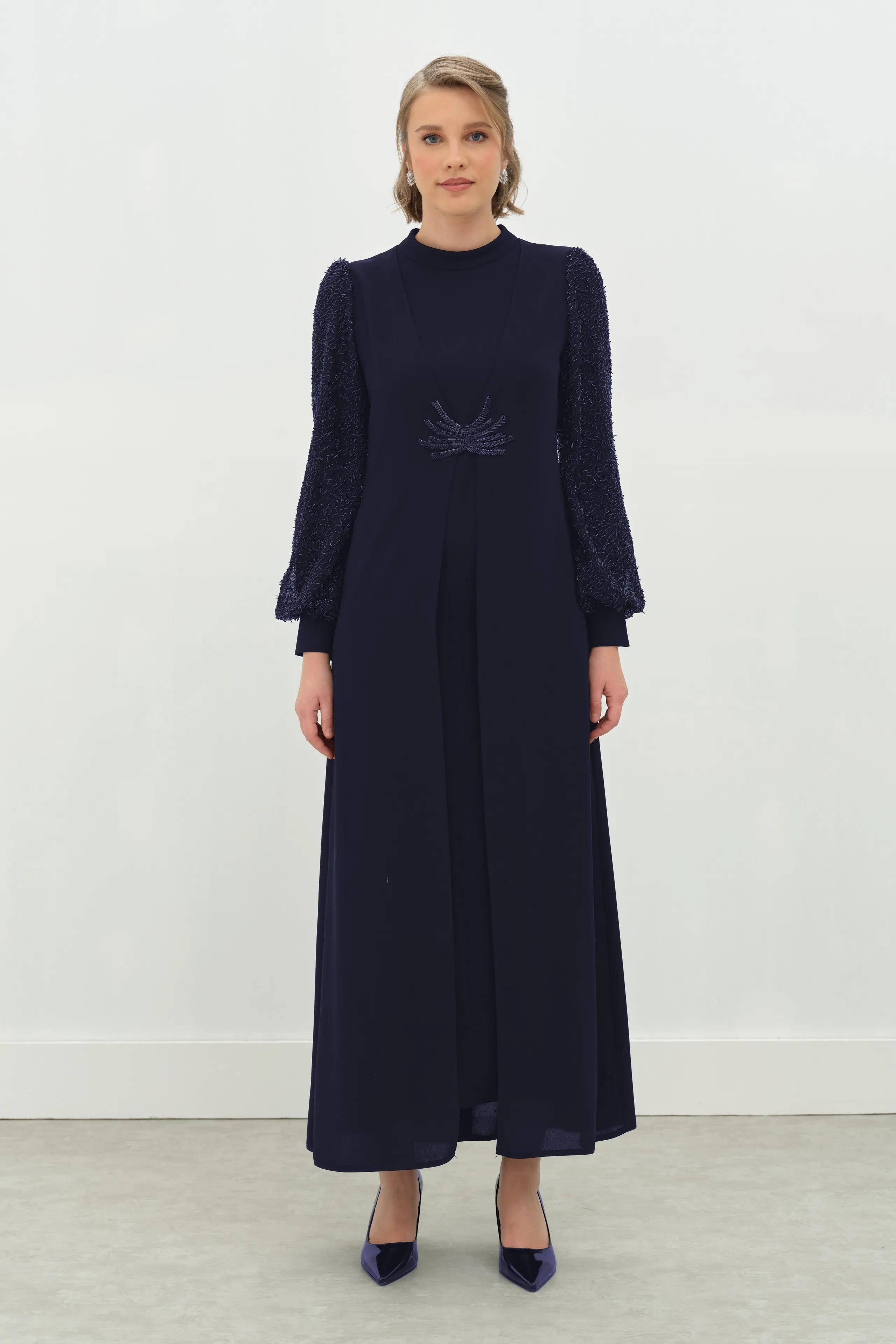 GAZE KOLU PULLU ELBİSE -5099 Lacivert