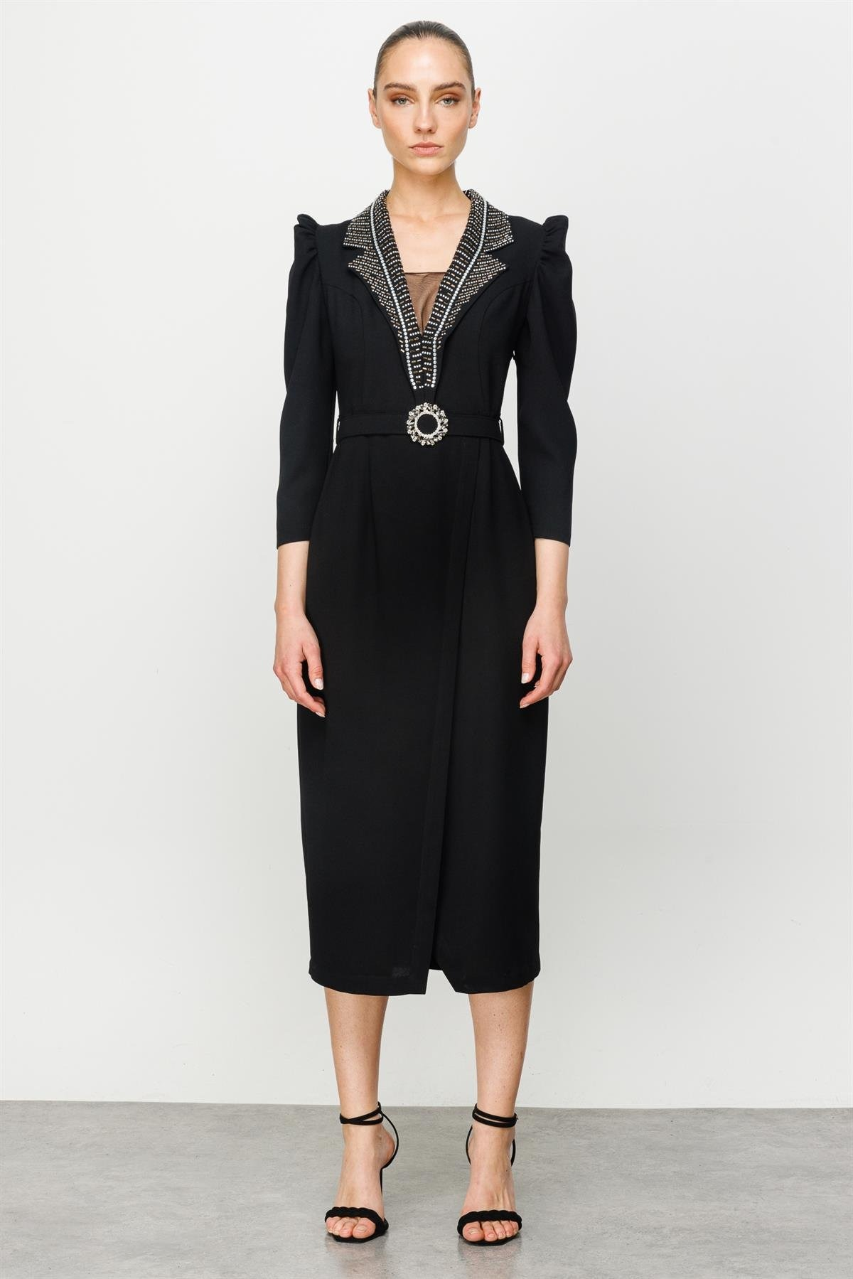 MODA İLGİ Yakası Taşlı Elbise 06641 Siyah