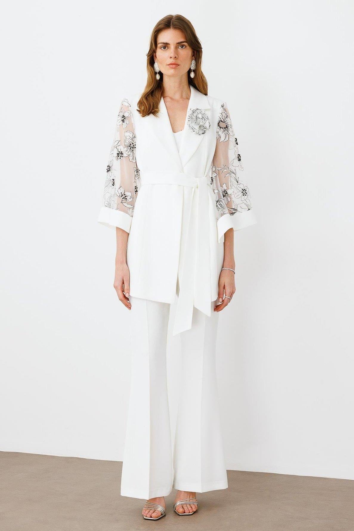 MODAİLGİ Kolları Evaze Çiçek Desenli Uzun Ceket 70029 Ekru