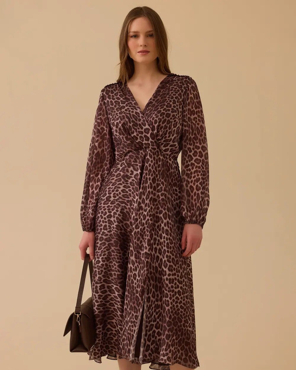 Seçil Leopar Desenli Elbise-10002611310045 KAHVERENGİ