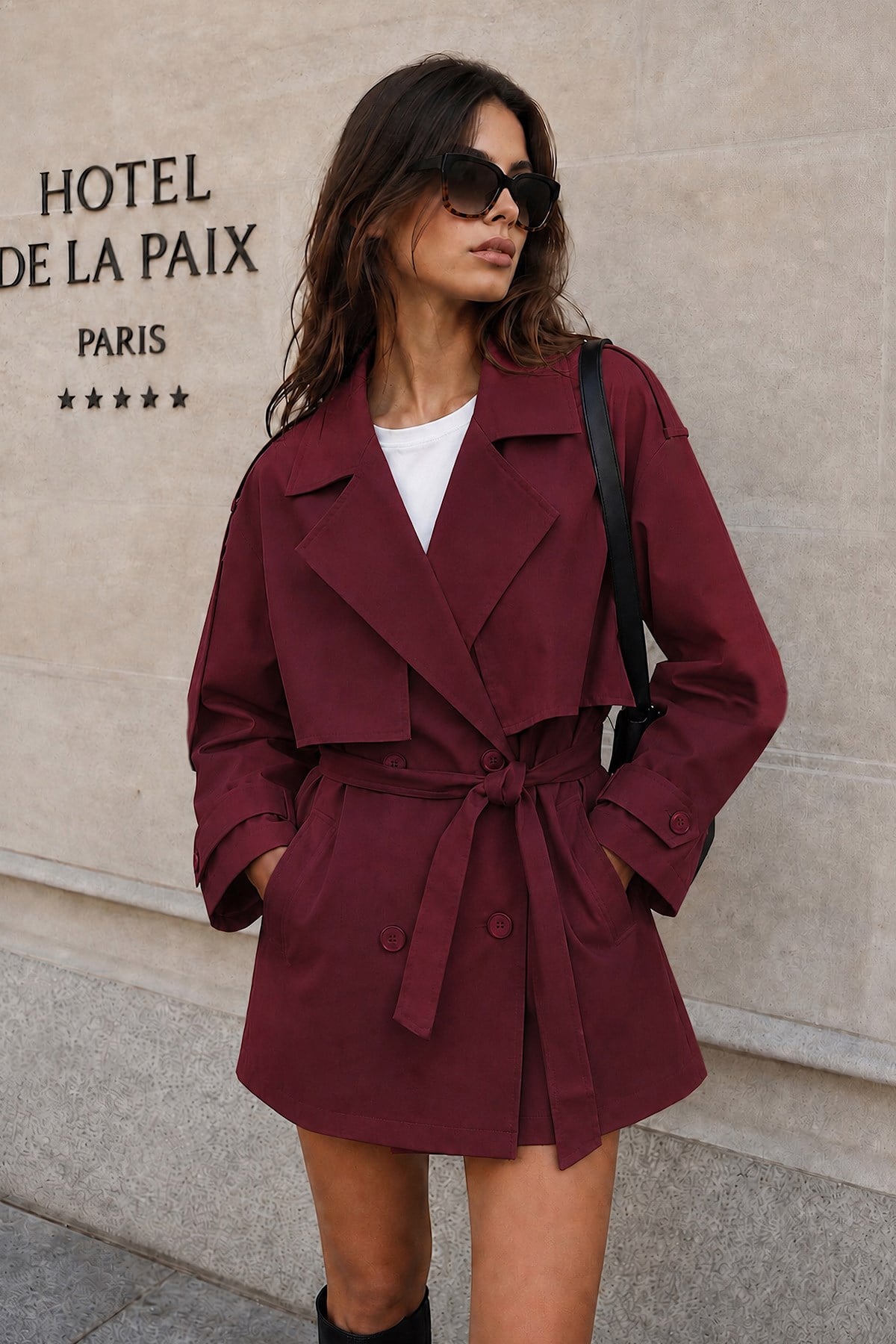 Lorven Kemerli Bordo Oversize Kadın Trençkot Ceket