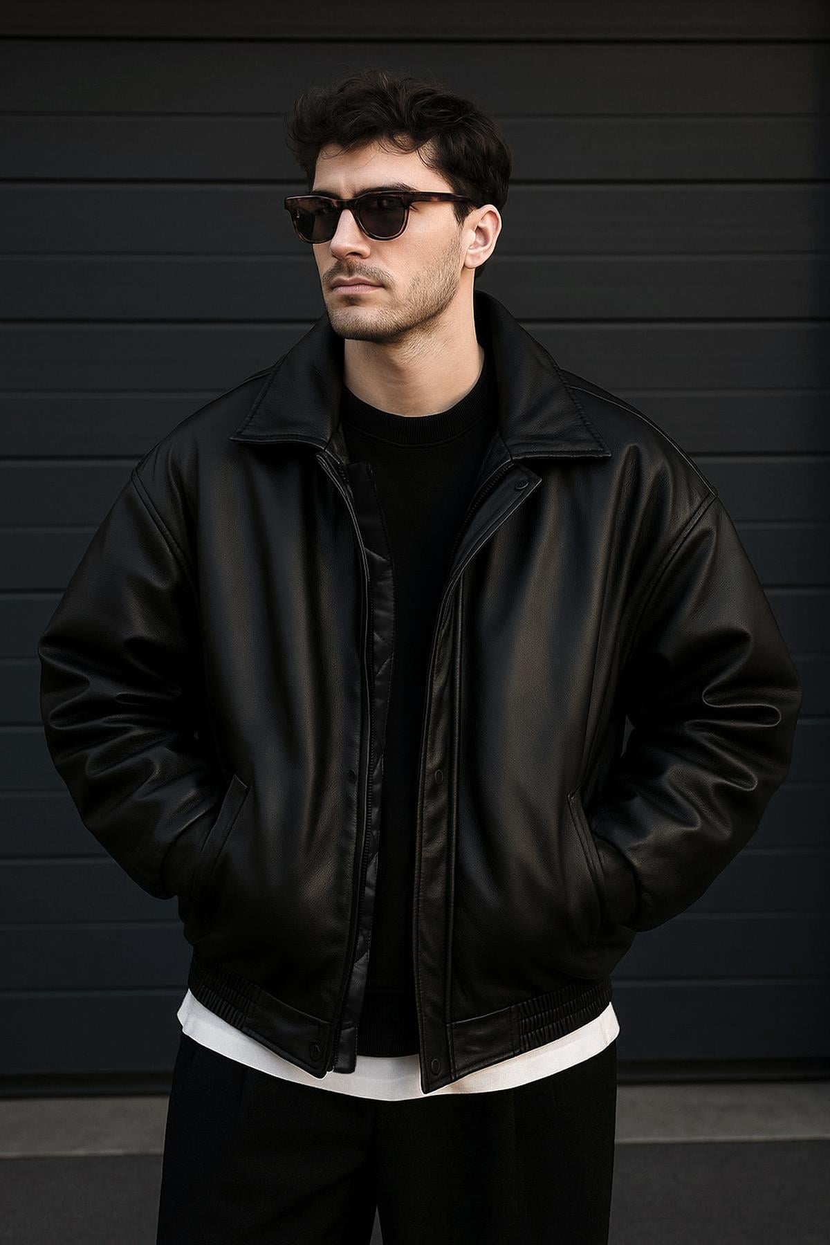 Oversize Siyah Deri Ceket