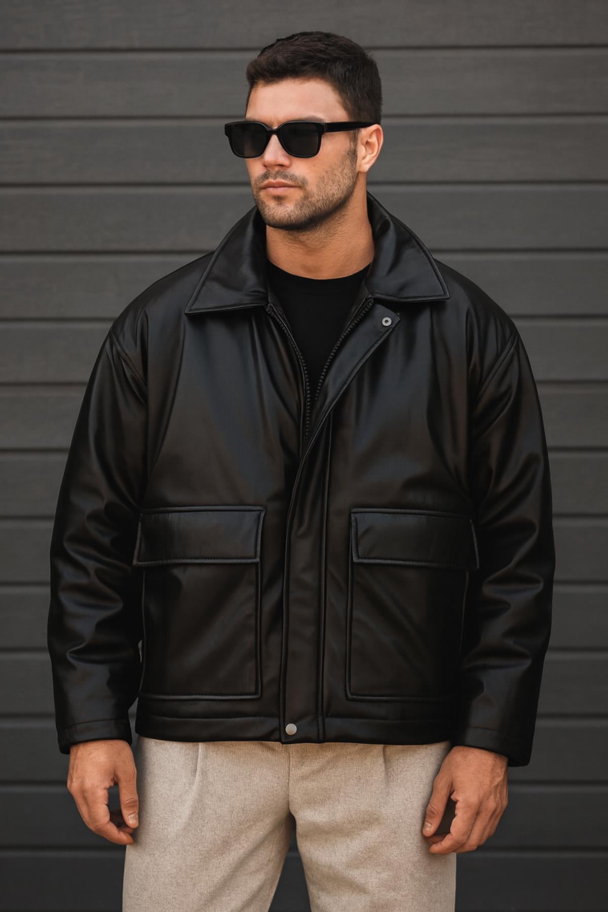 Oversize Siyah Erkek Deri Ceket