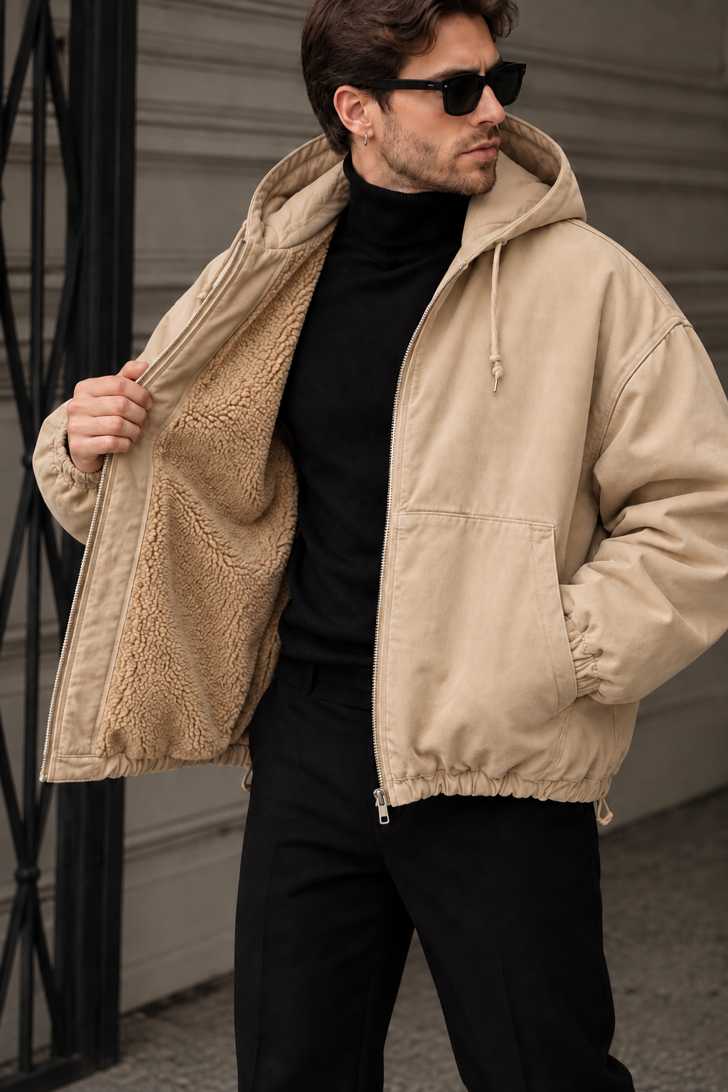 Erkek İçi Kürklü Kapişonlu Gabardin Mont