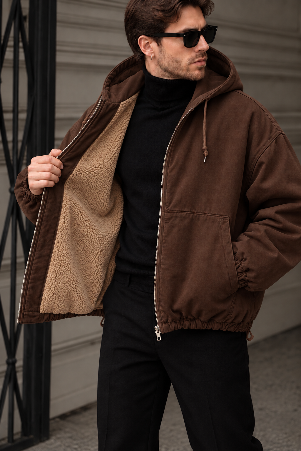Erkek İçi Kürklü Kapişonlu Gabardin Mont