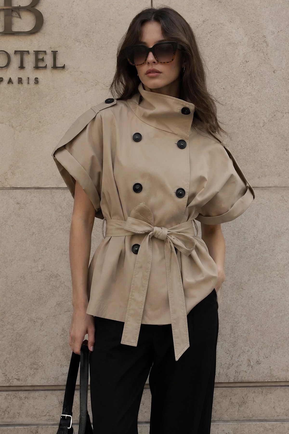 Lorven Kadın Kısa Kollu Kemerli Çift Düğmeli Oversize Trençkot Ceket