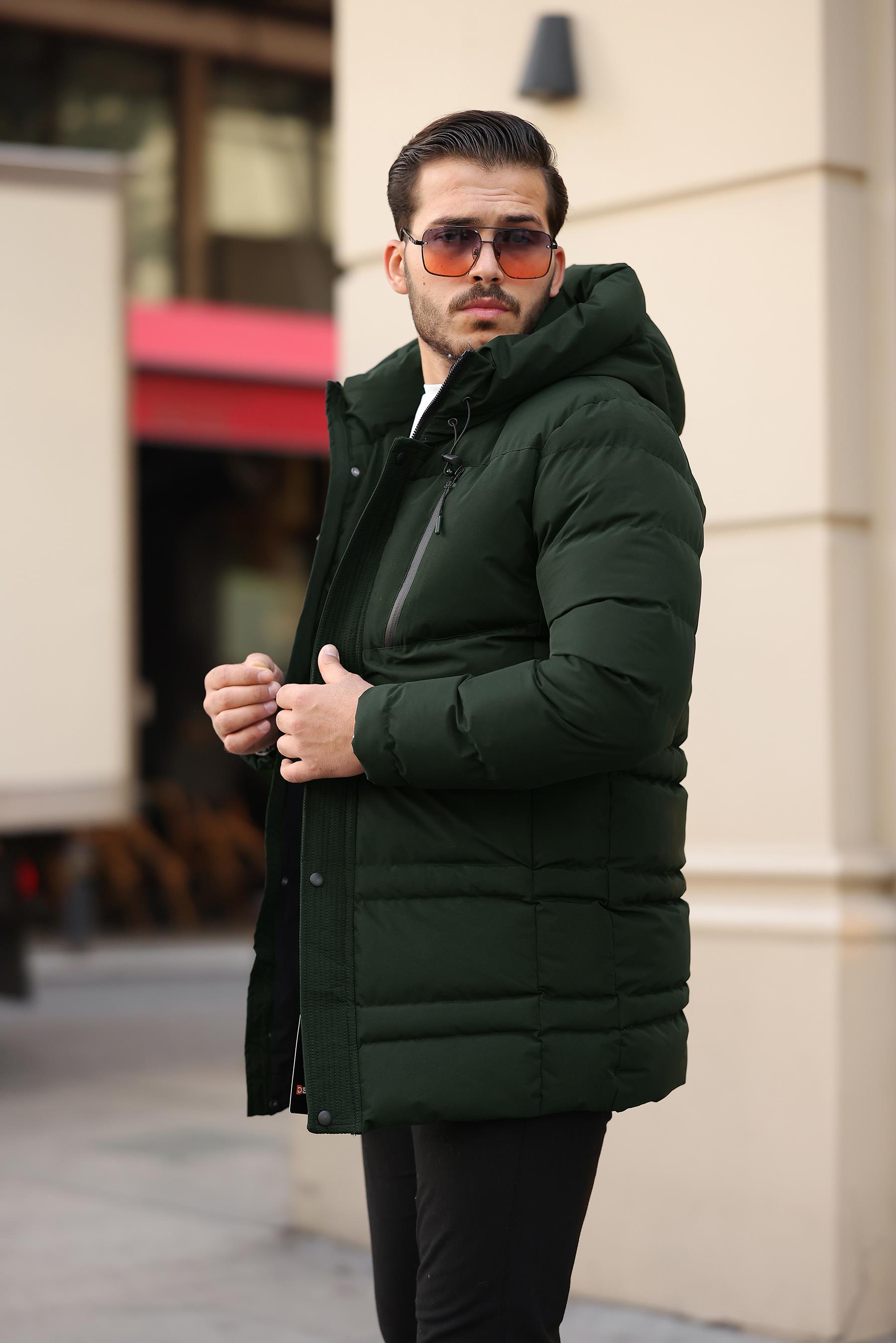 Su ve Rüzgar Geçirmez Erkek Kapüşonlu Şişme Mont