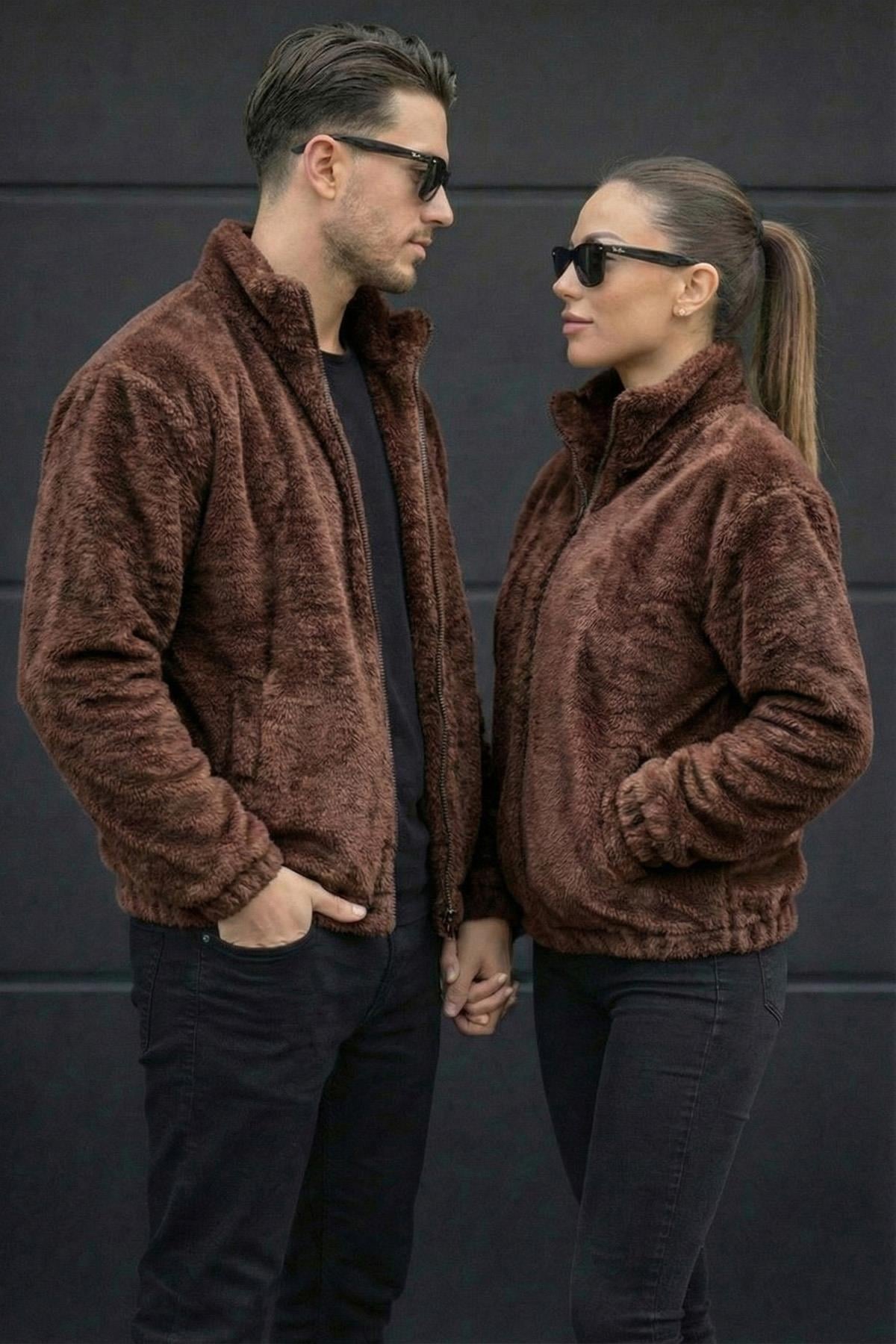 Unisex Kadın Erkek Sevgili Peluşlu Yarım Oversize Mont Ceket
