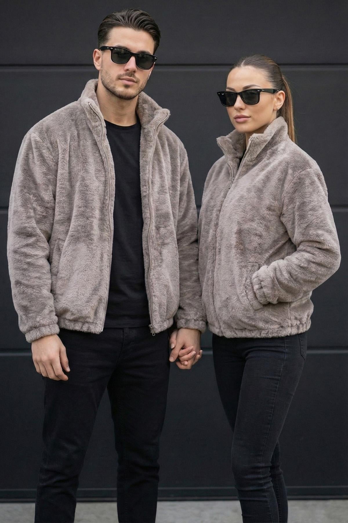 Unisex Kadın Erkek Sevgili Peluşlu Yarım Oversize Mont Ceket