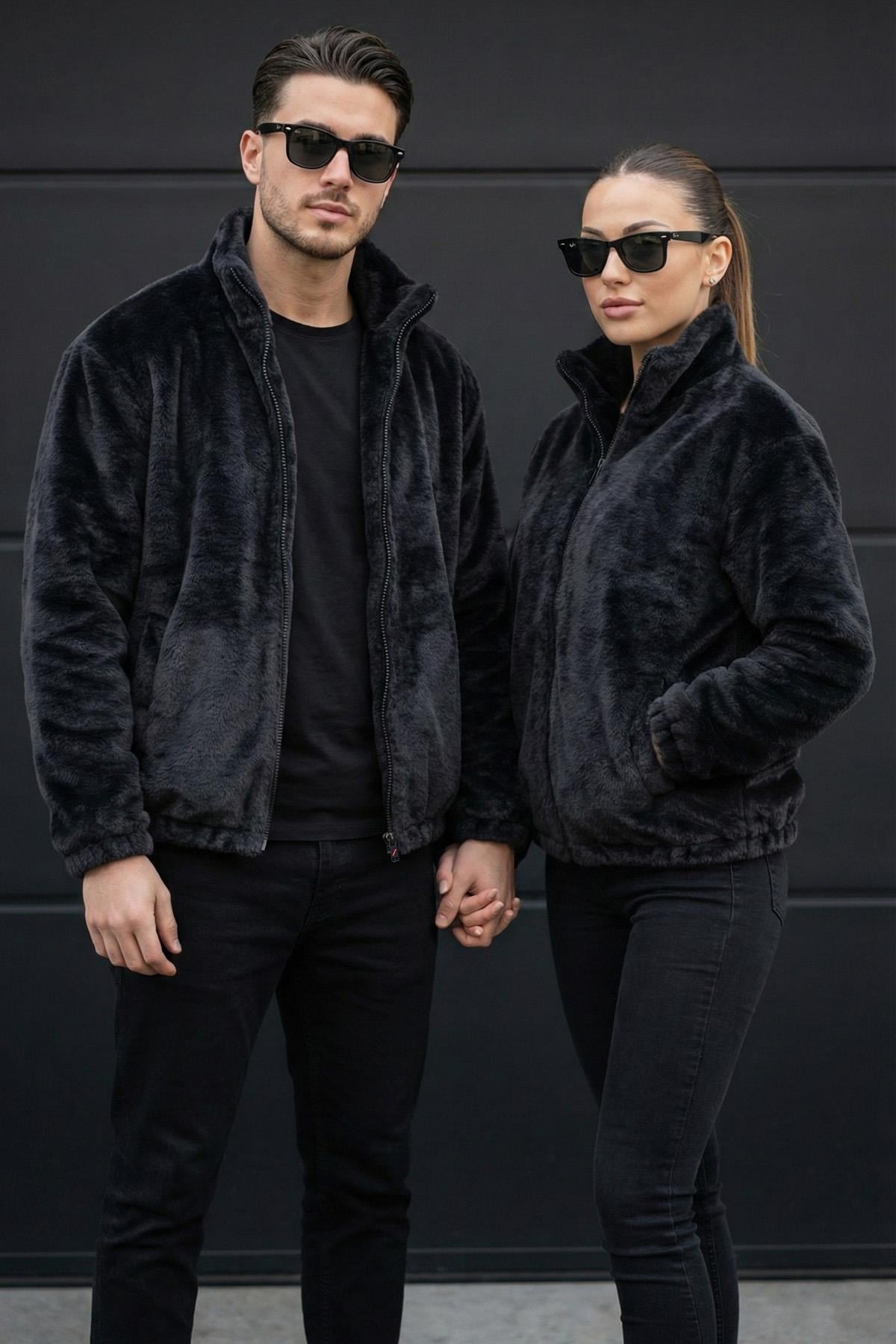 Unisex Kadın Erkek Sevgili Peluşlu Yarım Oversize Mont Ceket