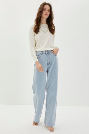 Denim Yüksek Bel Bol Paça Mavi Pantolon
