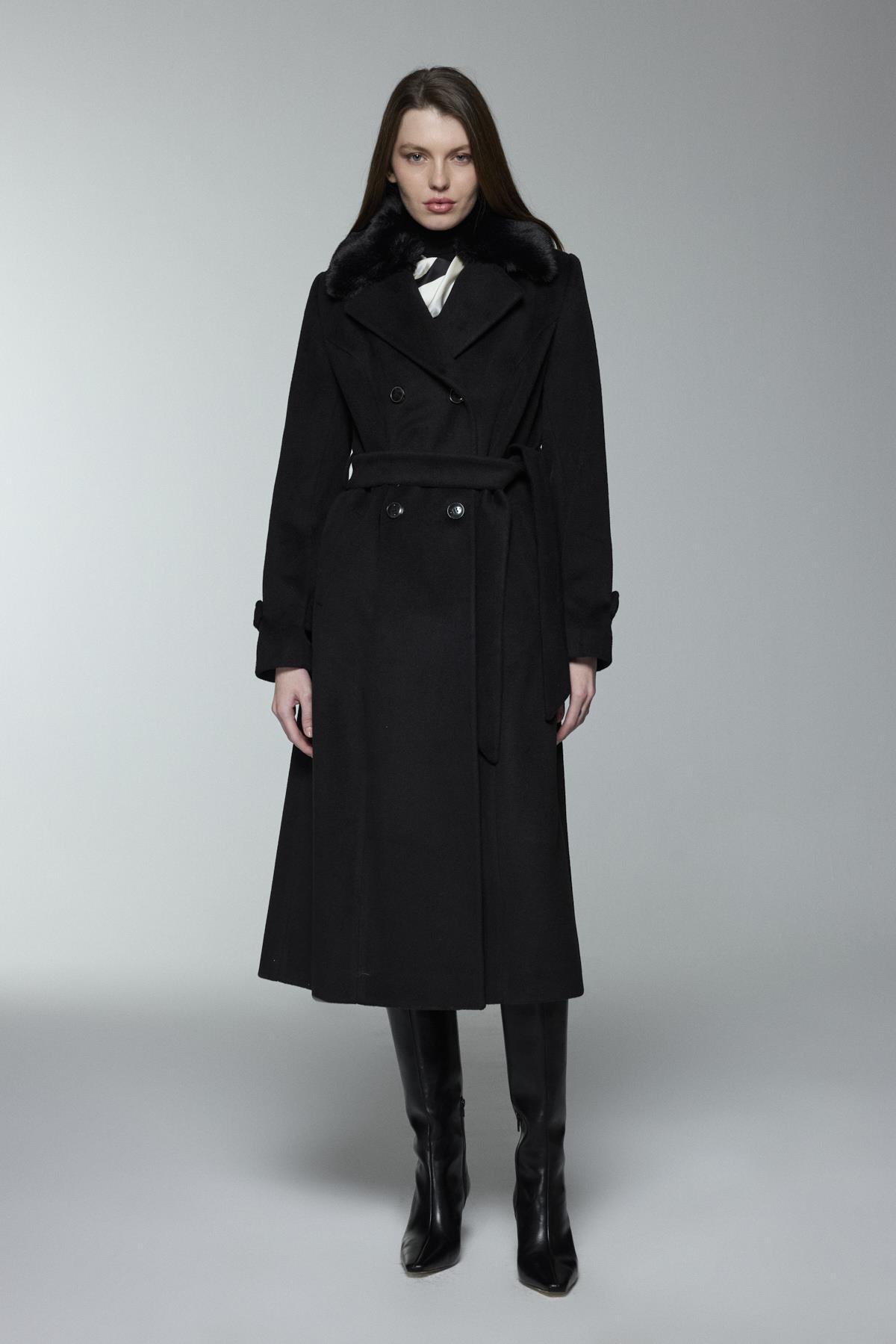 ZÜHRE Fermuarlı ve Kapüşon Detaylı Siyah Kap 12387 - Zühre