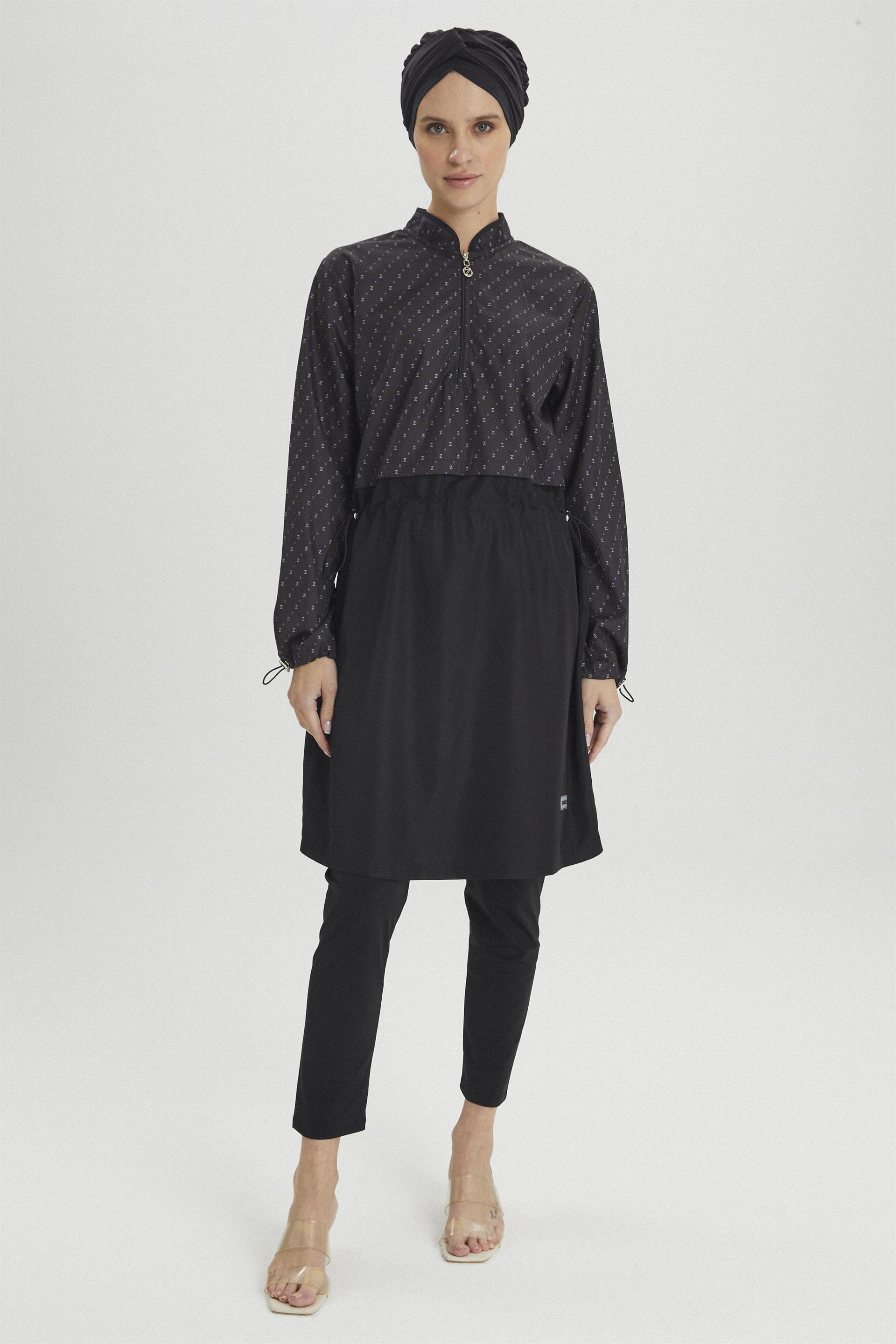 Monogram Desenli Saks/Siyah Tam Kapalı Mayo ZM-0011