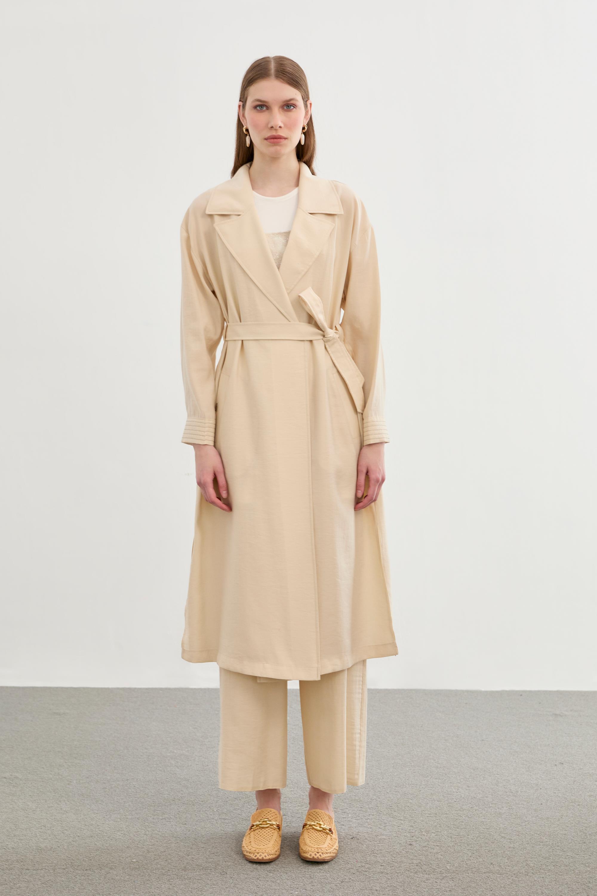 Kruvaze Yaka Beli Kuşaklı Bej Giy Çık GÇ-0189 - Zühre