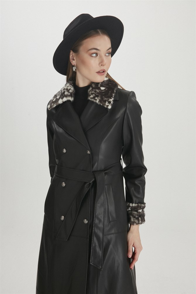 Fur Detail Long Black Leather Coat 13008