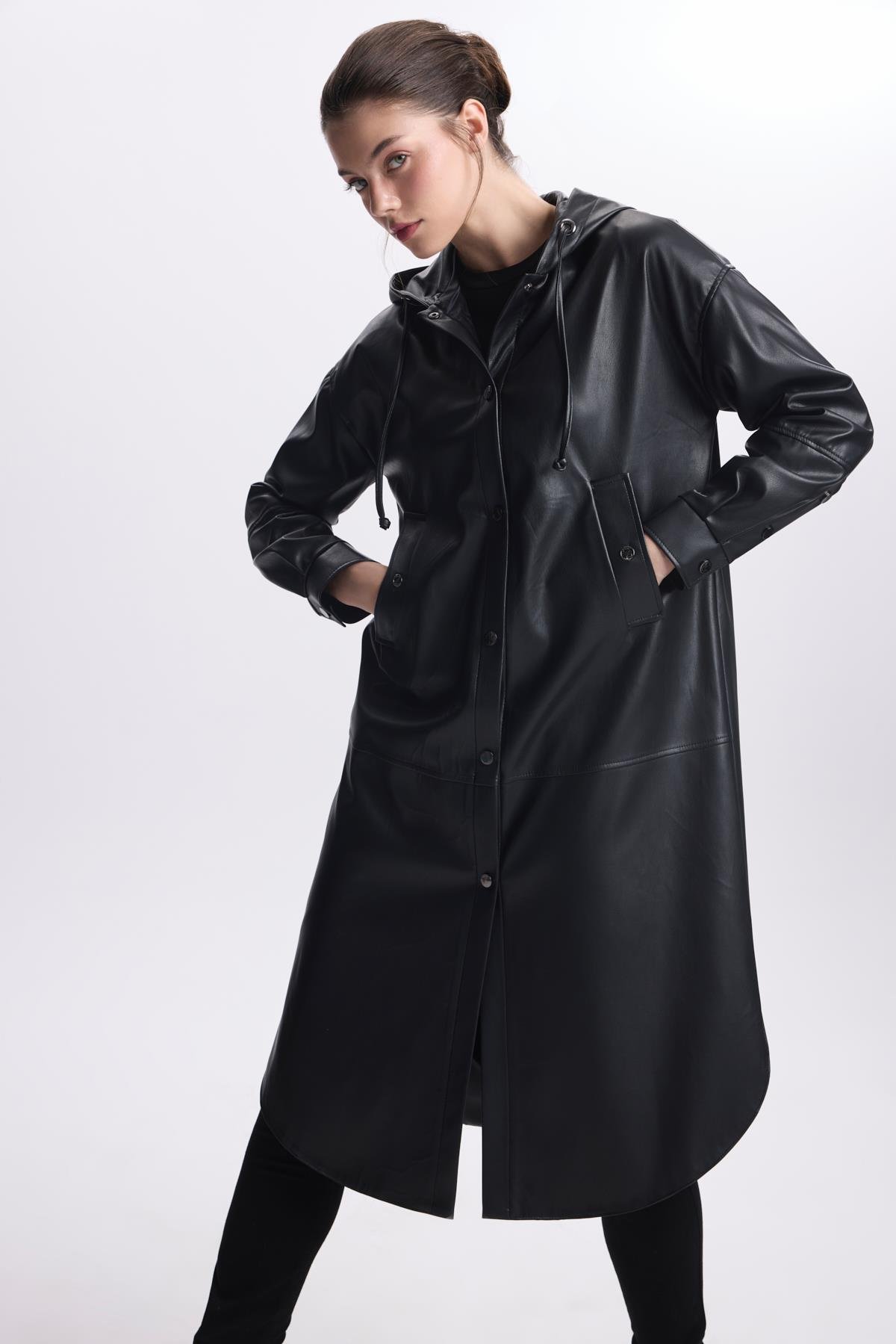 Kapüşonlu Cep Detaylı Uzun Siyah Giy Çık GÇ-0135 - Zühre