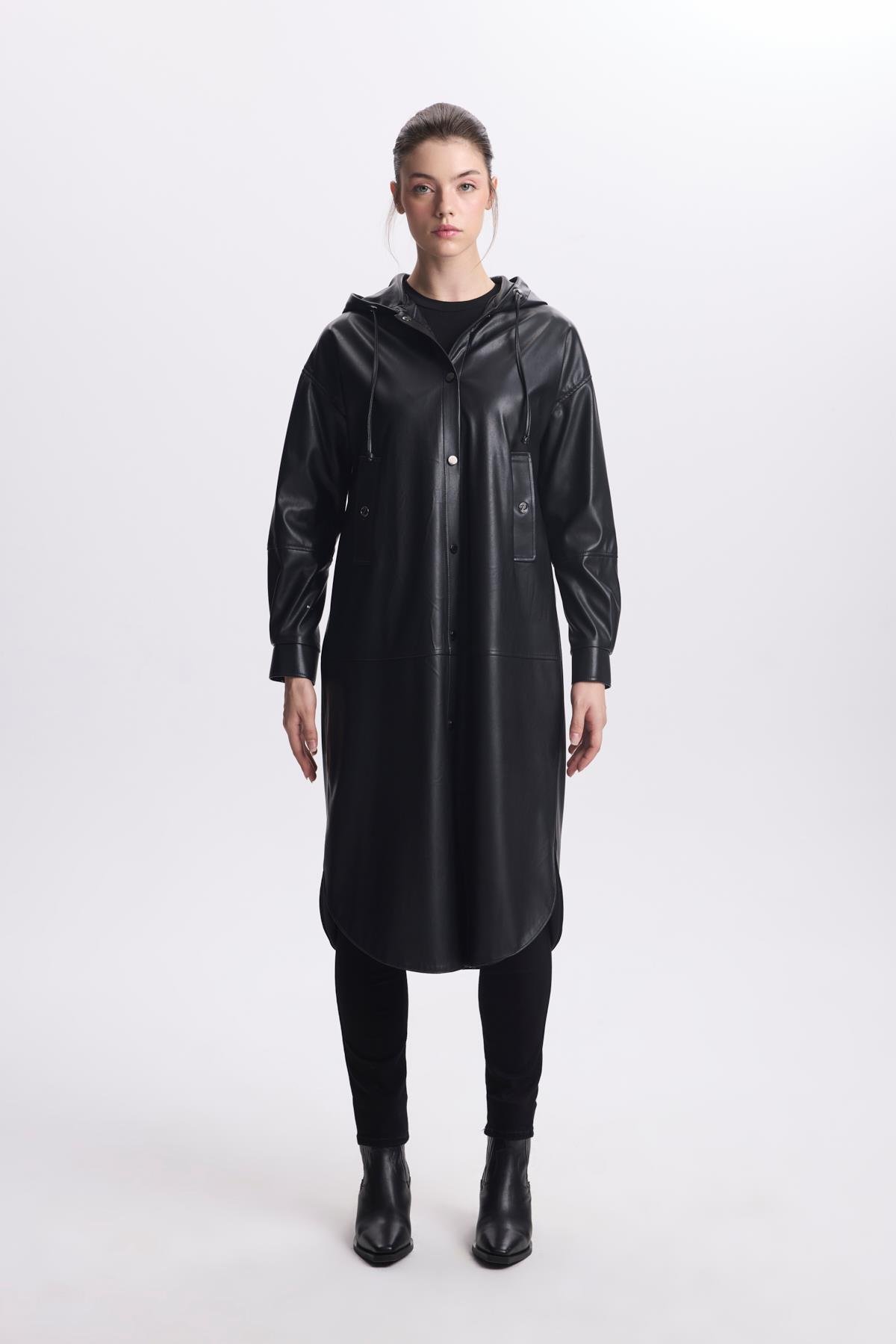 くじゃ Kapüşonlu Cep Detaylı Uzun Siyah Giy Çık GÇ-0135 - Zühre