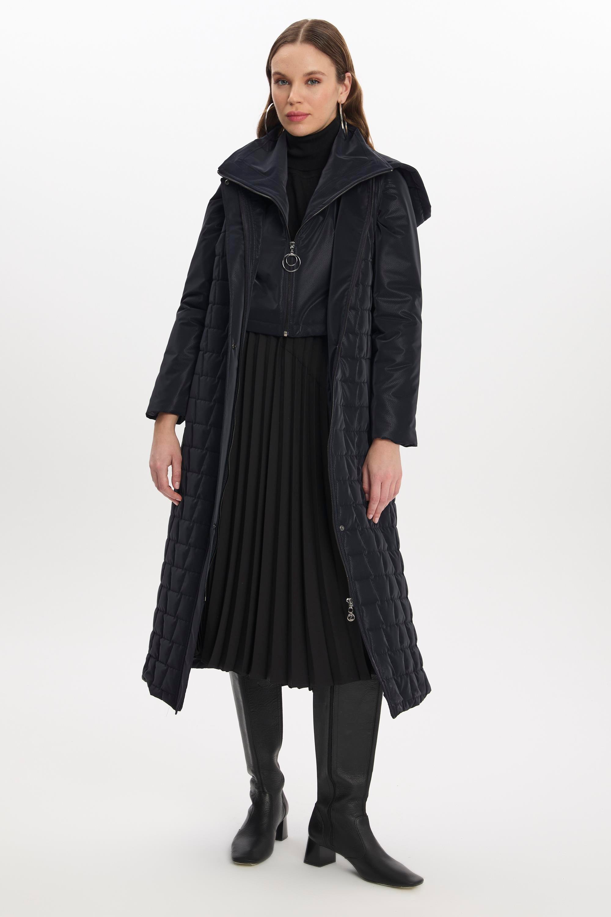 Kapüşonlu Üçlü Kapitone Lacivert Mont 13692 - Zühre