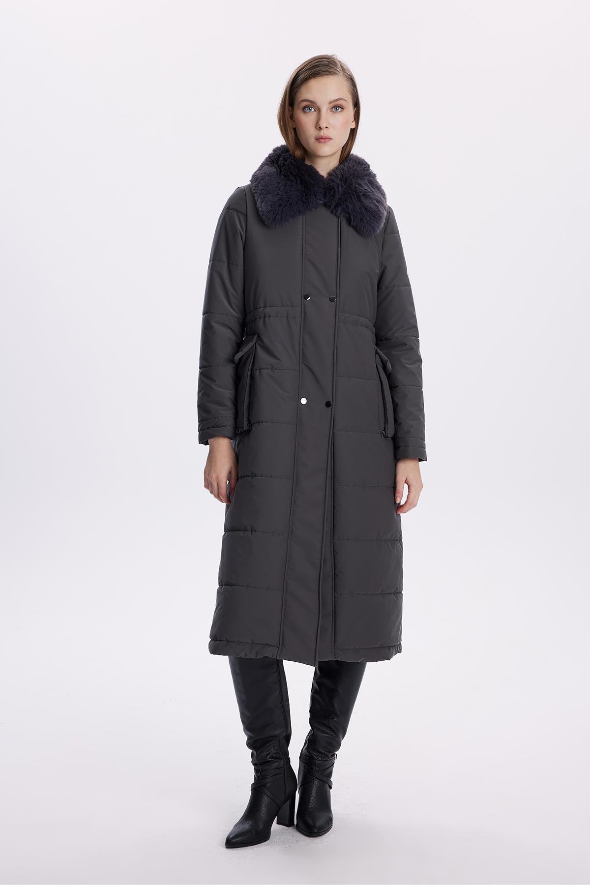 Kürk Yaka Cepli Füme Mont 13699 - Zühre