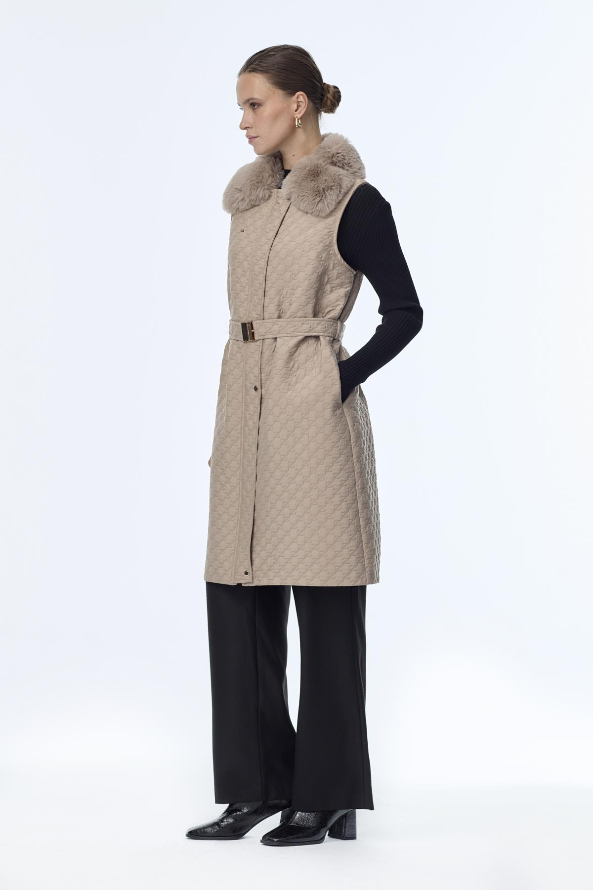 Fur Collar Belted Mocha Vest Y-0098