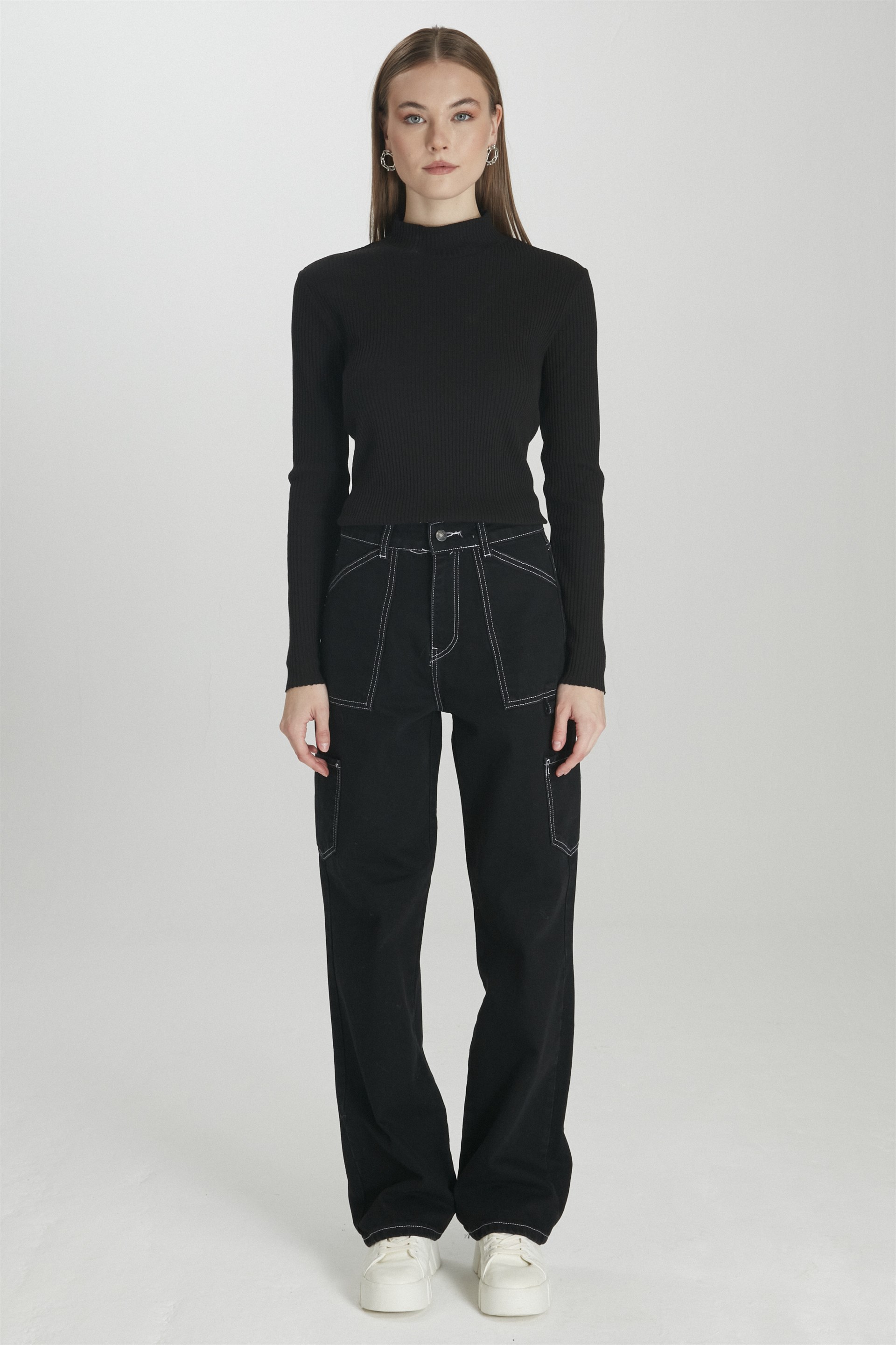 High Waist Wide Leg Cargo Pants in Black P 0164