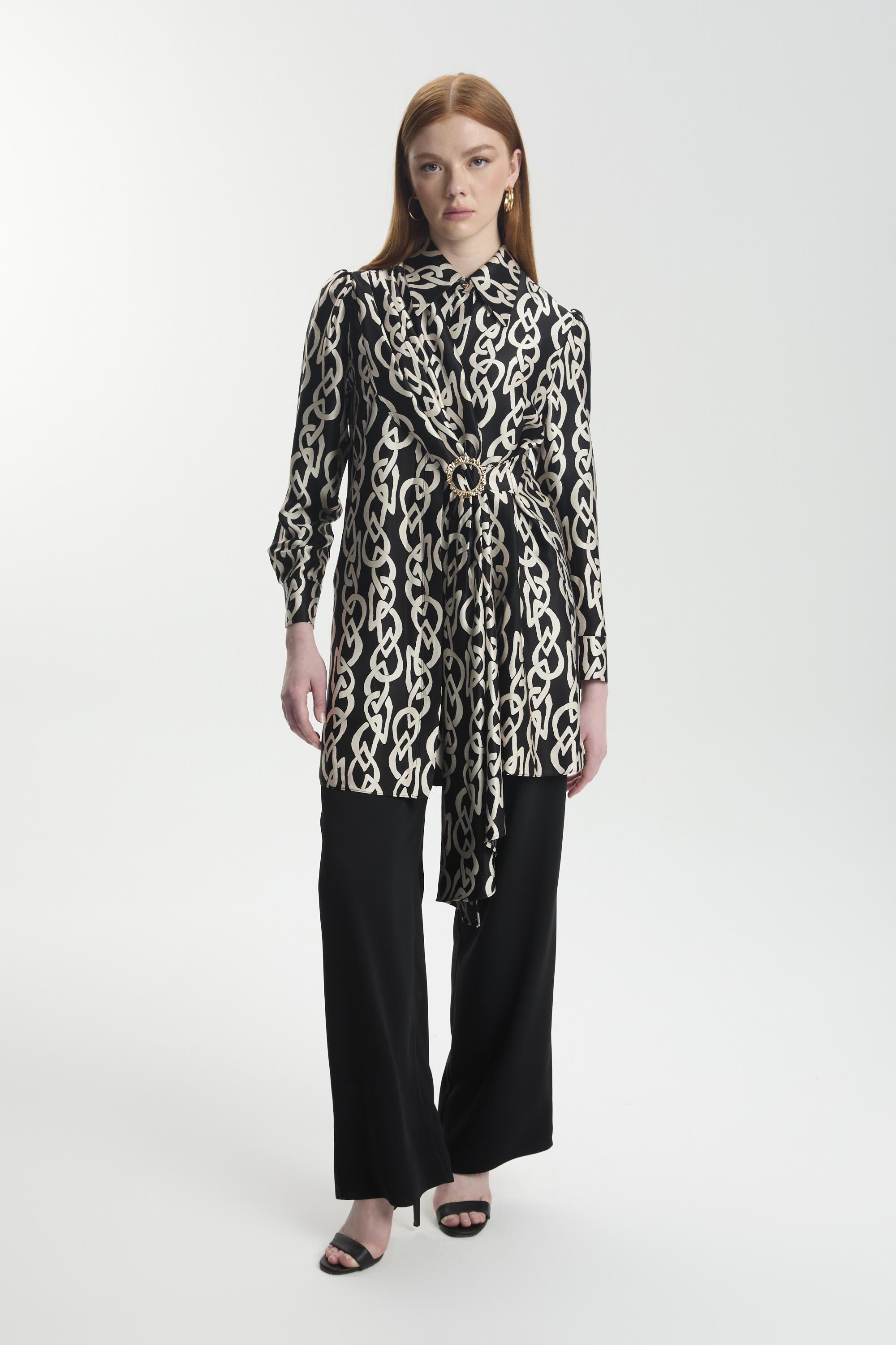 Zincir Desenli Tokalı Kemerli Siyah İkili Takım TK-1590 - Zühre