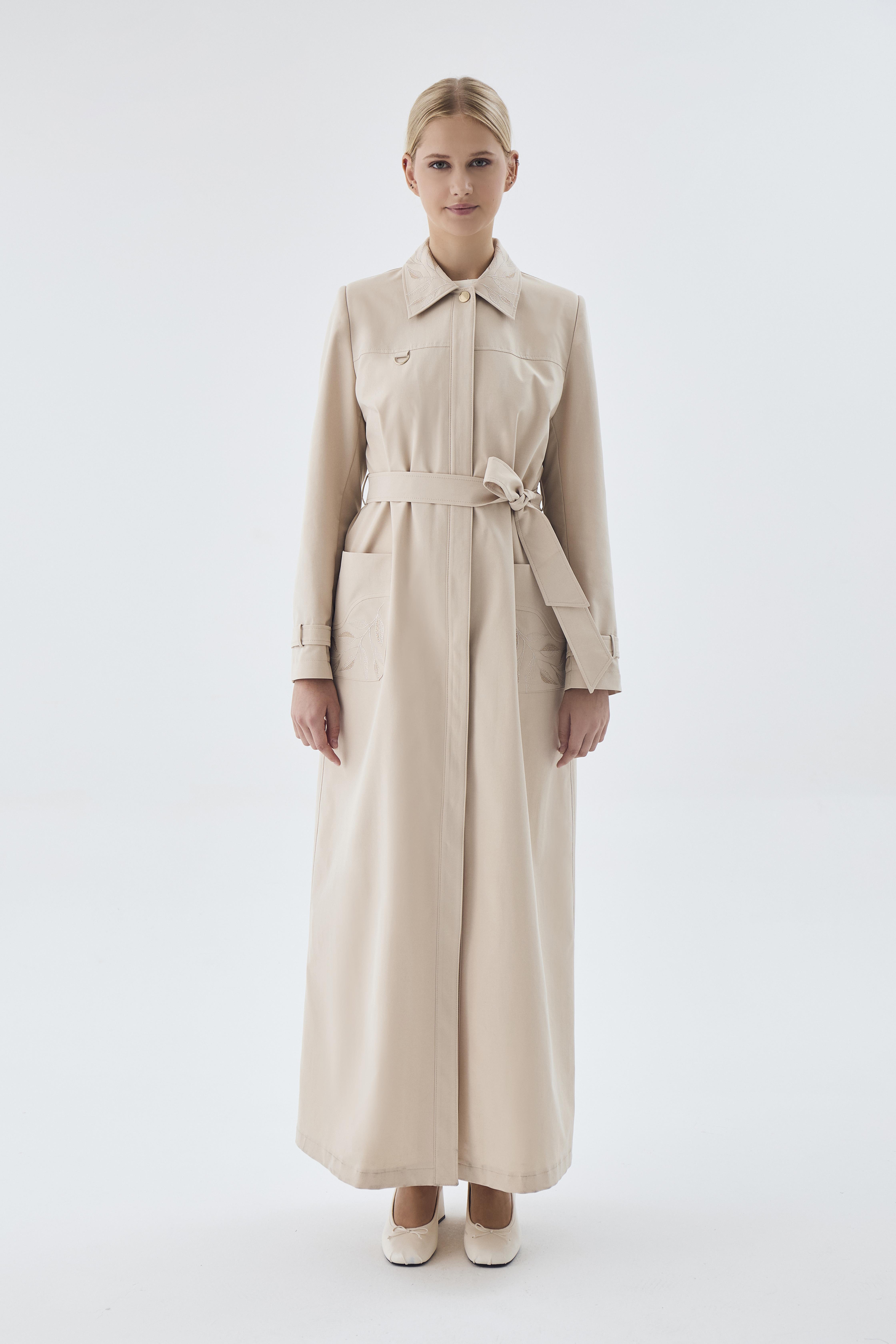 Yaka Ve Cep Desen Detaylı Kuşaklı Taş Pardesü 13780 - Zühre