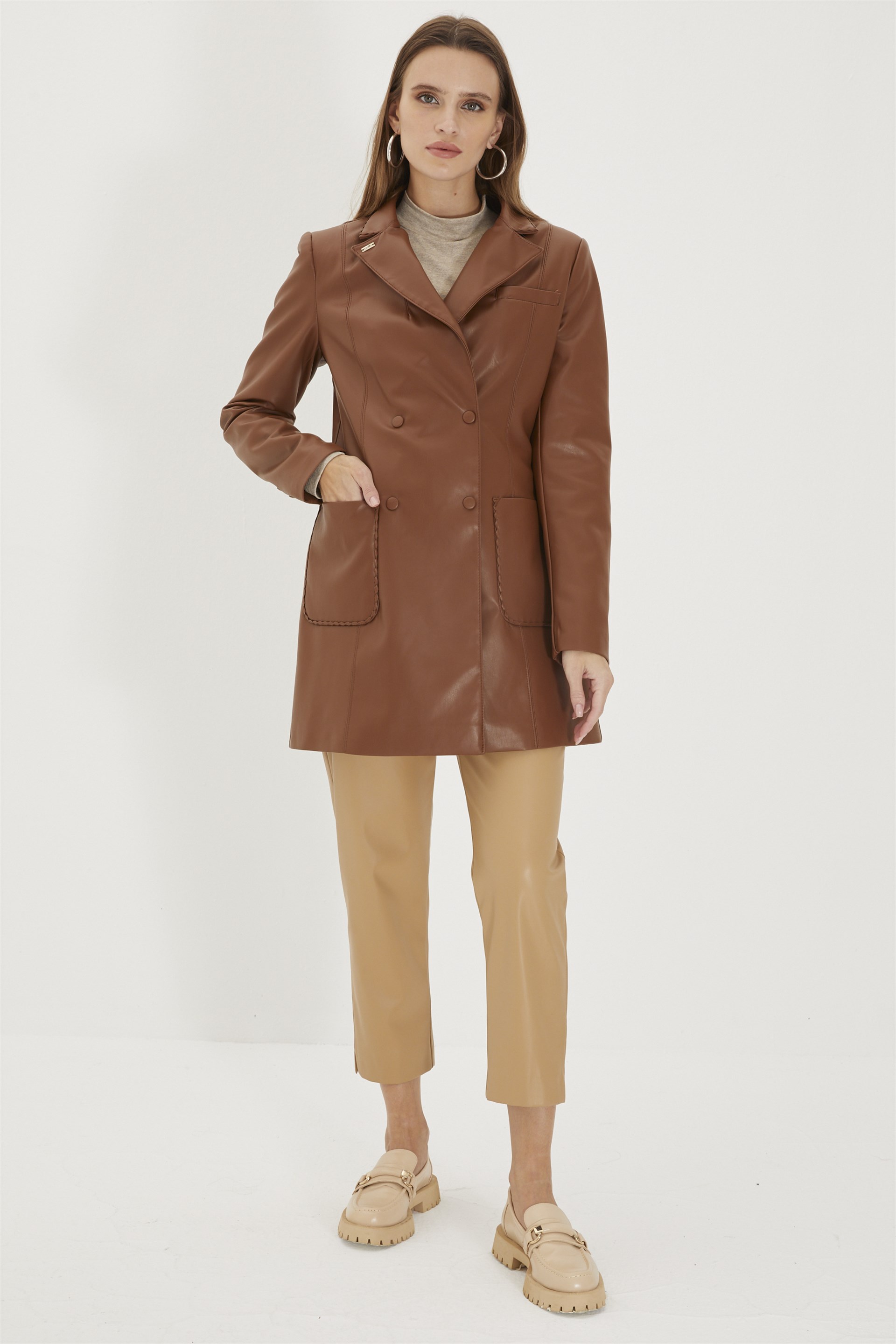 Pocket Detail Camel Leather Jacket C-0034