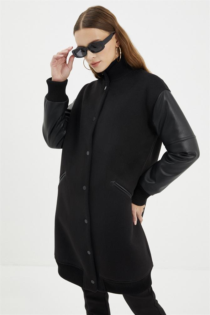Leather Sleeve Detailed Woolen Black Jacket C-0080