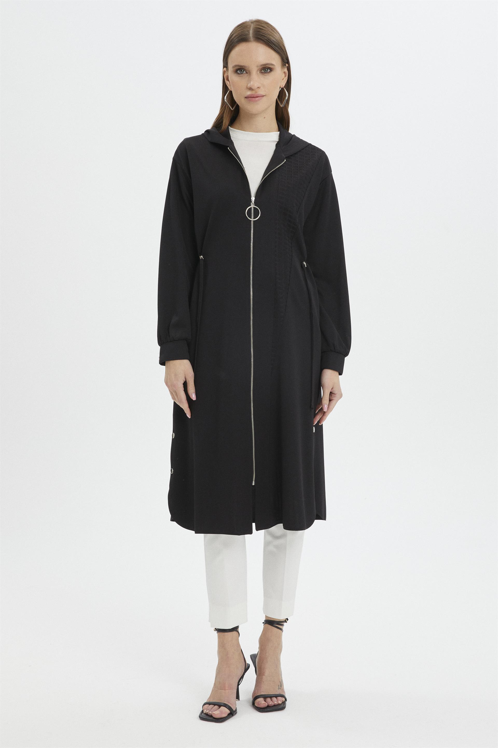 Kapüşonlu Beli Bağlamalı Siyah Giy Çık GÇ-0105 - Zühre