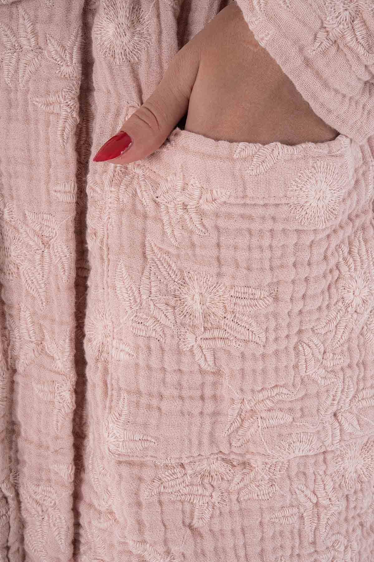Brode Nakışlı Kadın Müslin Ceket Pembe
