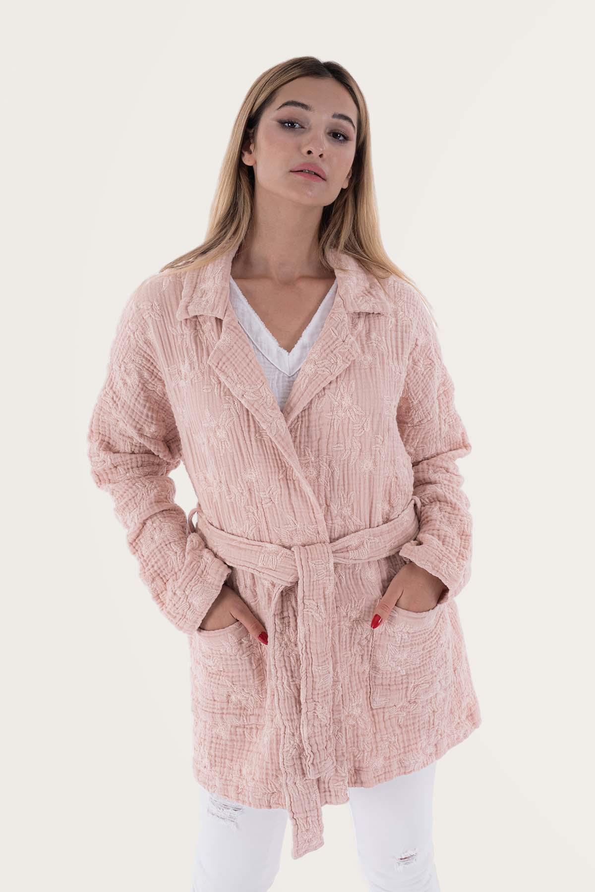 Brode Nakışlı Kadın Müslin Ceket Pembe