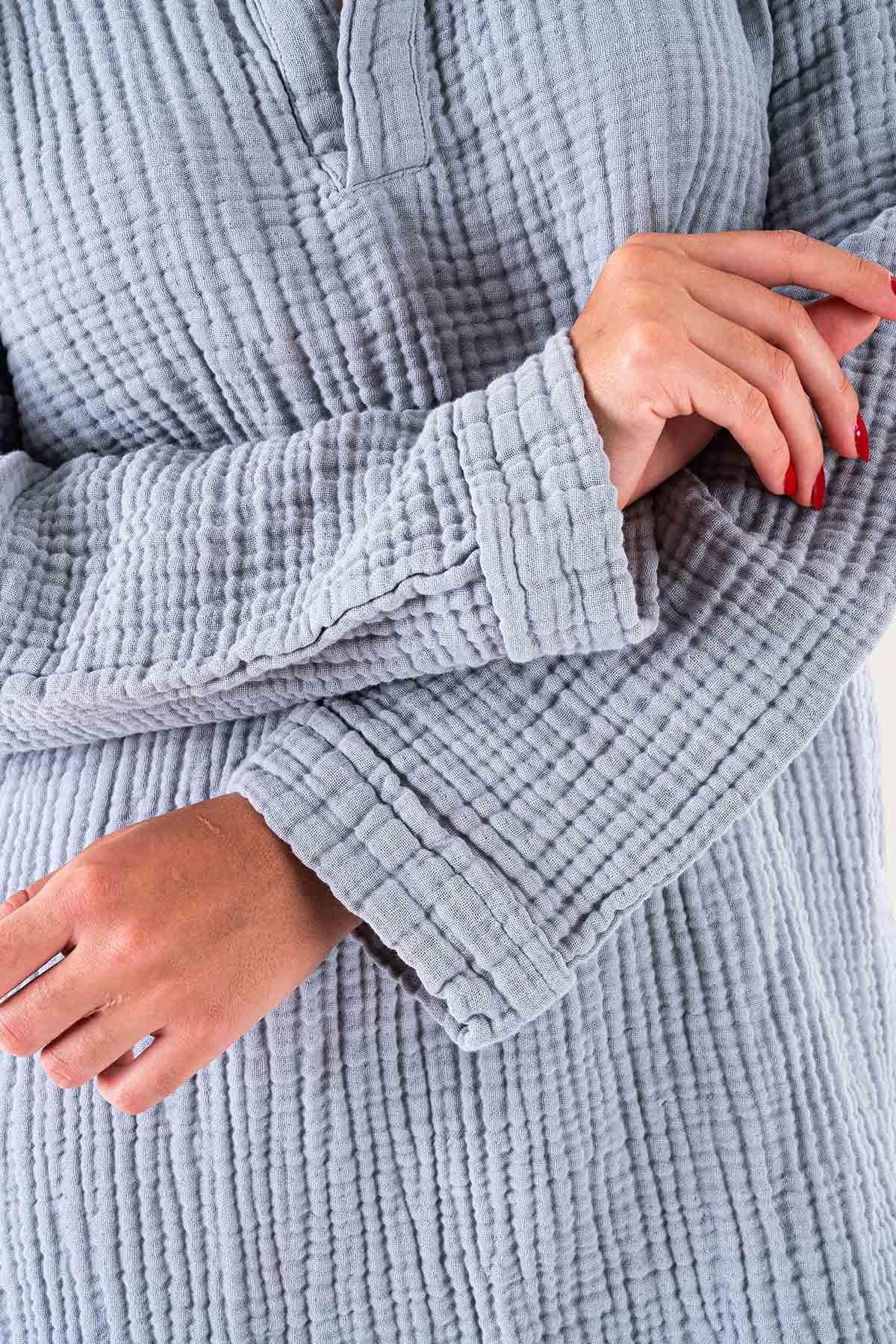 Brode Nakışlı Polo Yaka Müslin Elbise Gri