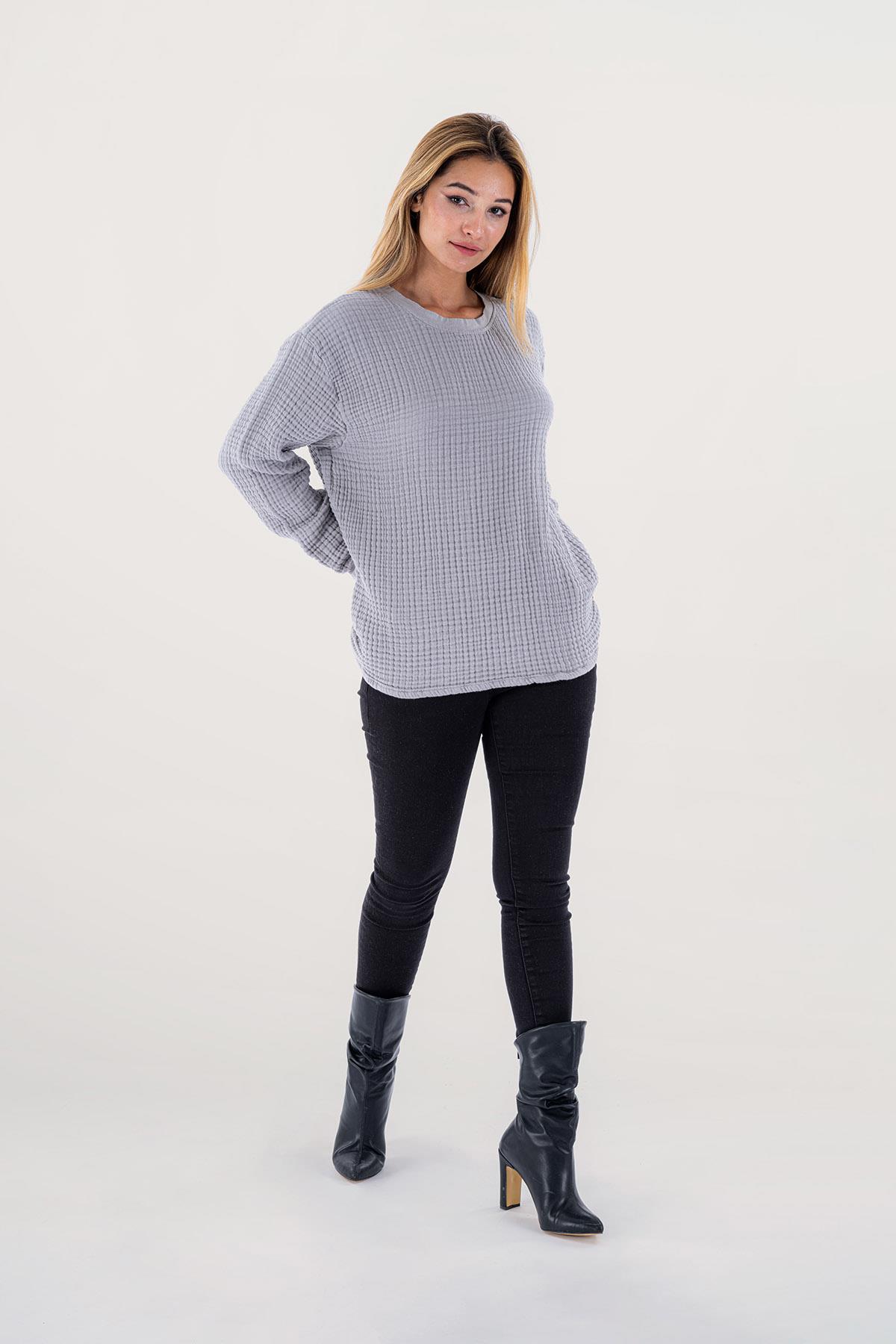 Brode Nakışlı Sırt Detay Unisex Müslin Sweat Gri