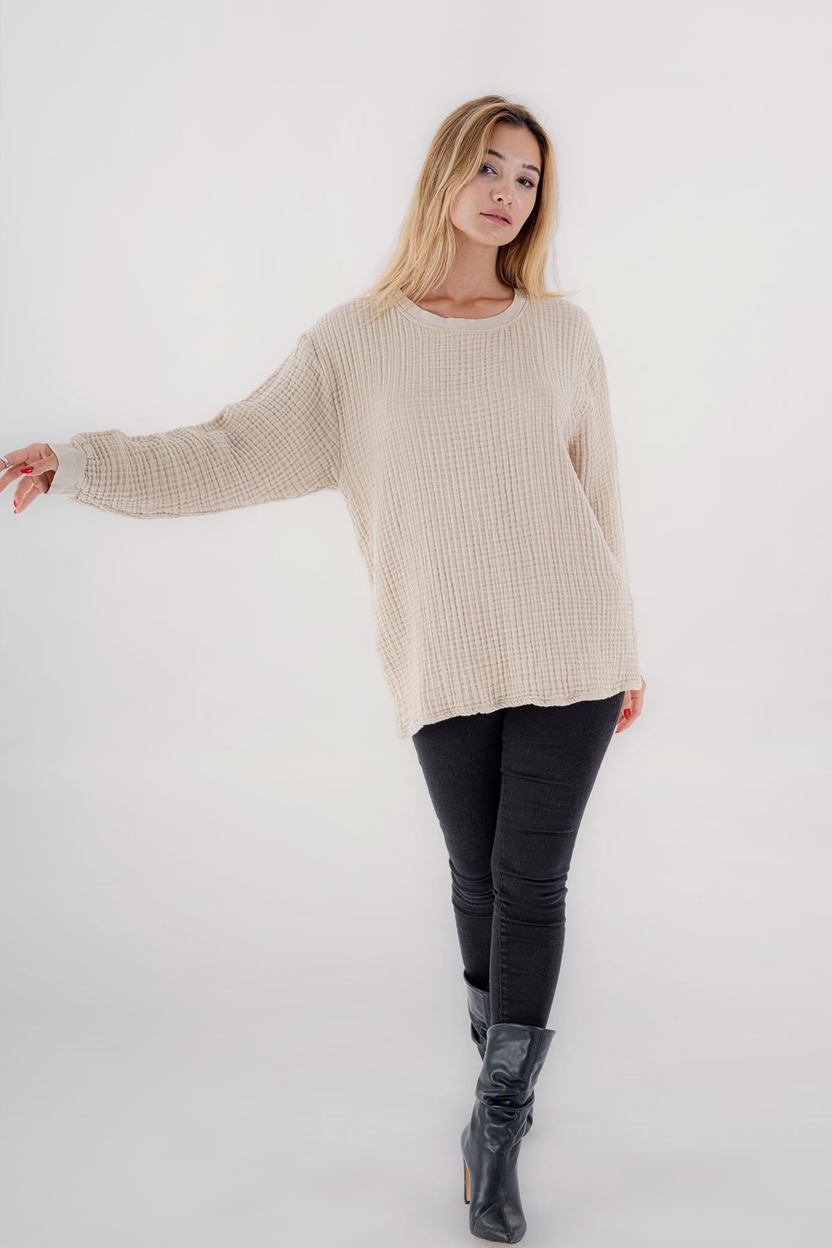 Brode Nakışlı Sırt Detay Unisex Müslin Sweat Bej