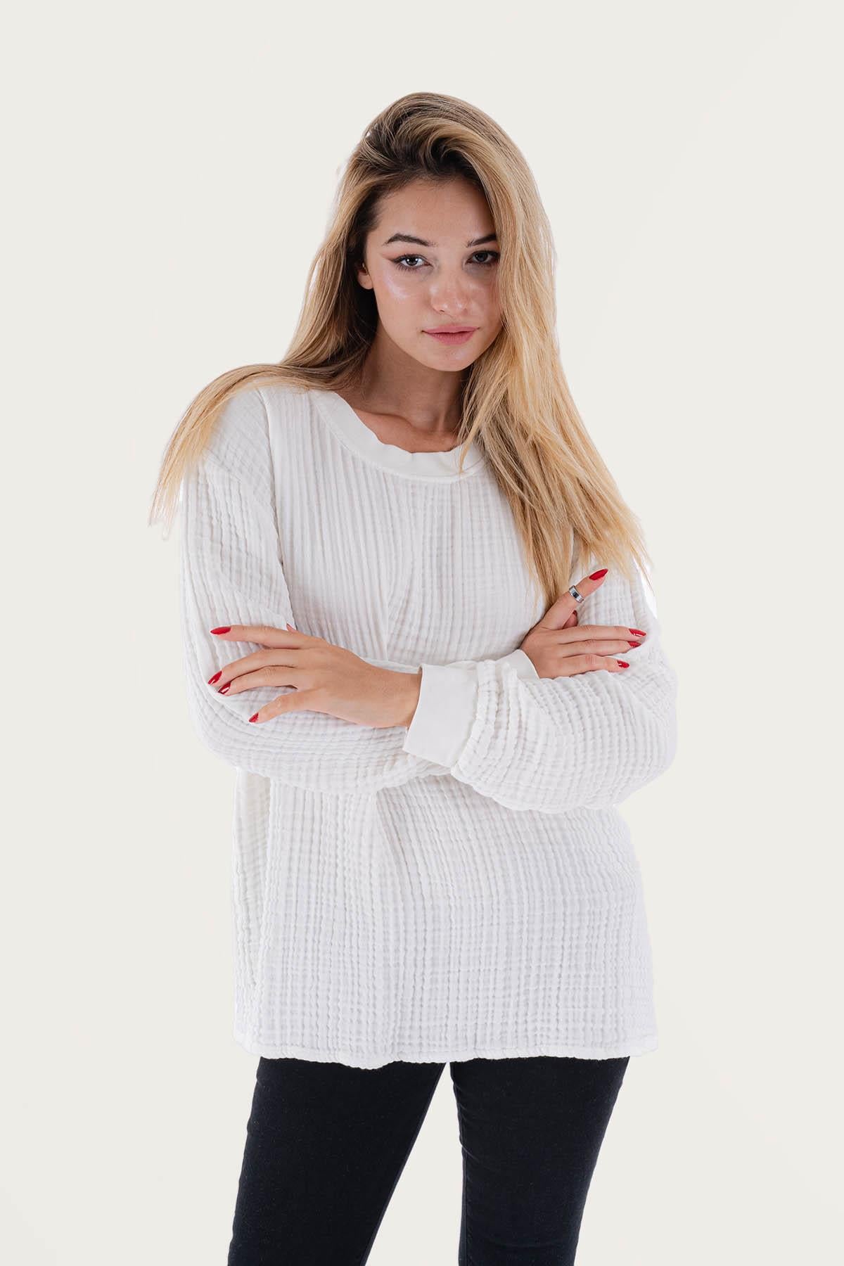 Brode Nakışlı Sırt Detay Unisex Müslin Sweat Beyaz