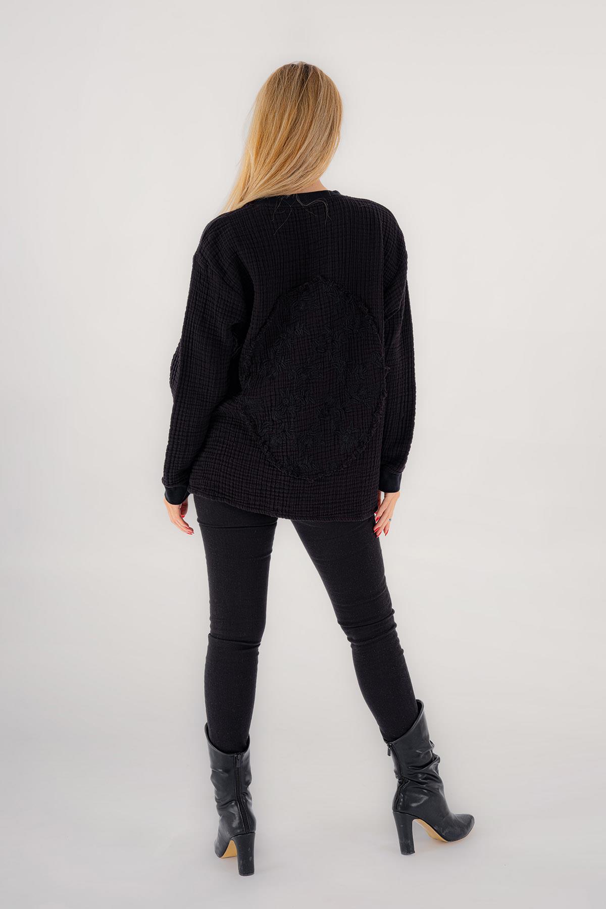 Brode Nakışlı Sırt Detay Unisex Müslin Sweat Siyah