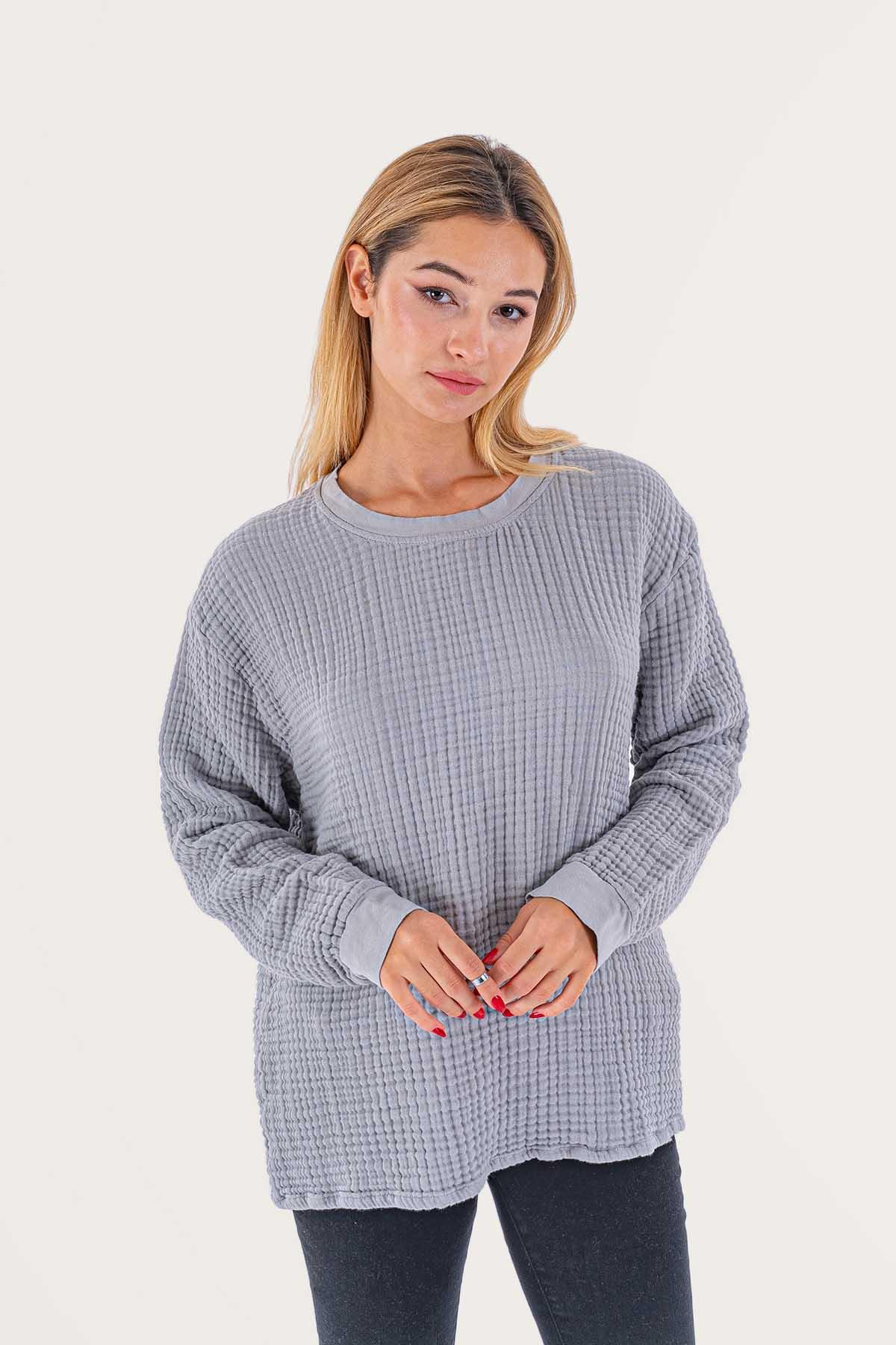 Brode Nakışlı Sırt Detay Unisex Müslin Sweat Gri