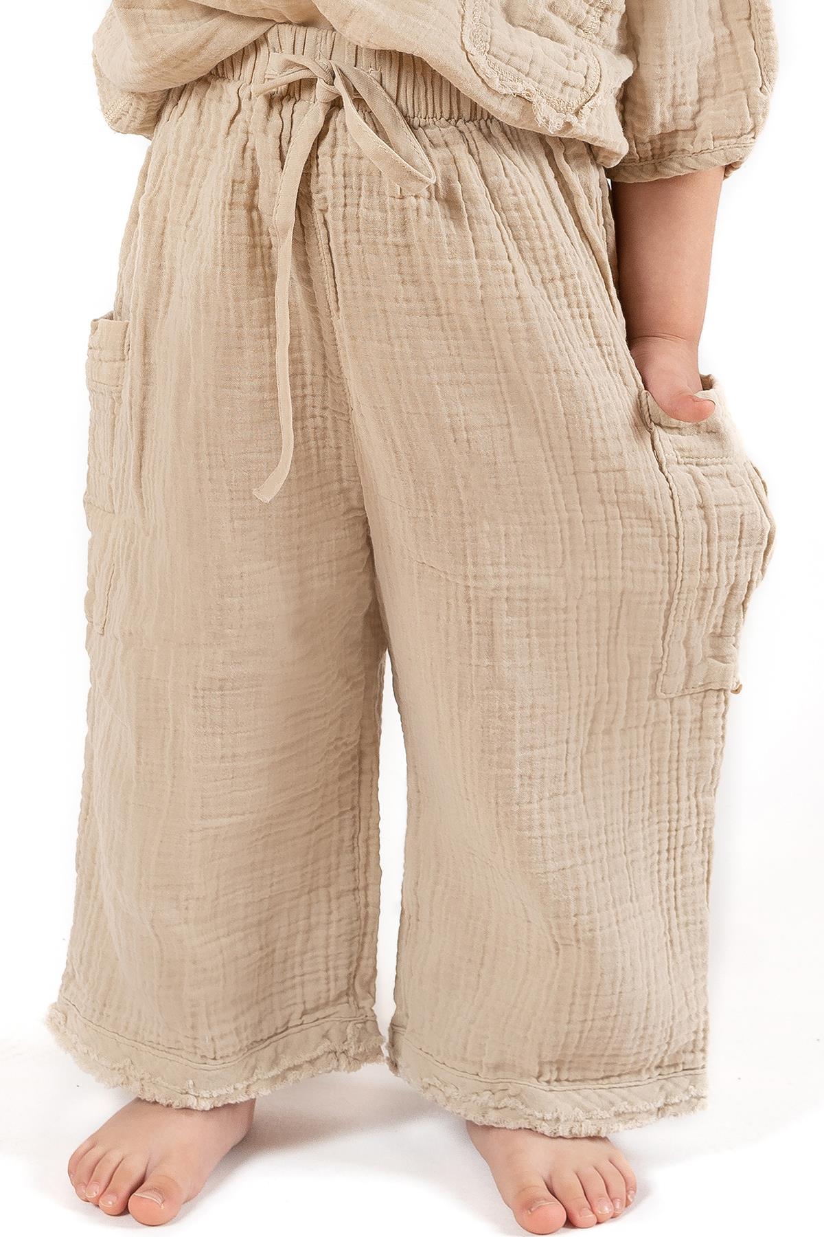 Faven Müslin Unisex Çocuk Kargo Pantolon Bej