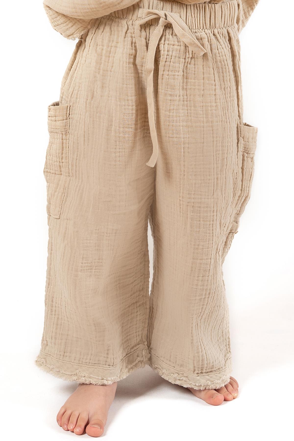 Faven Müslin Unisex Çocuk Kargo Pantolon Bej