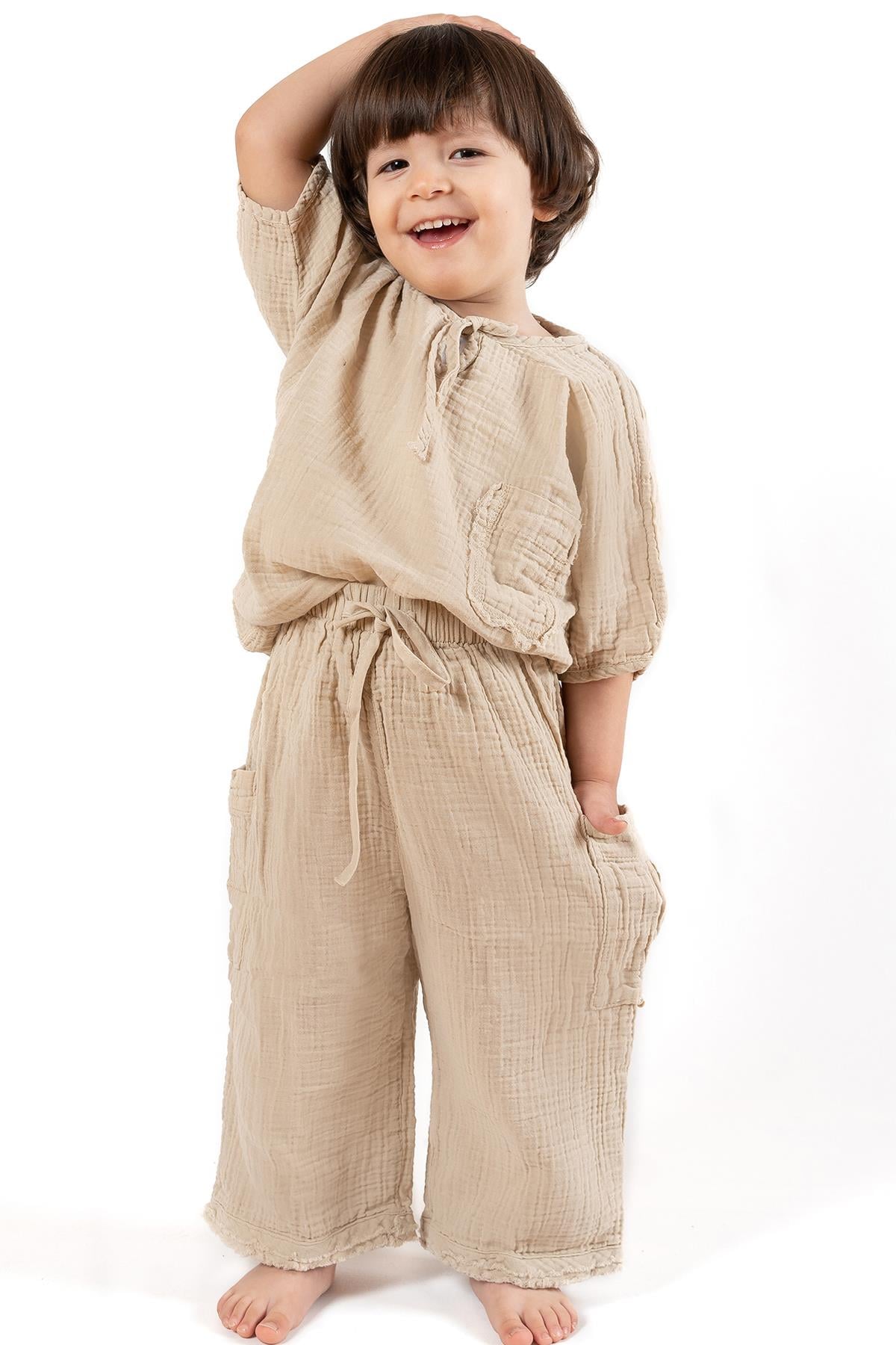 Faven Müslin Unisex Çocuk Kargo Pantolon Bej