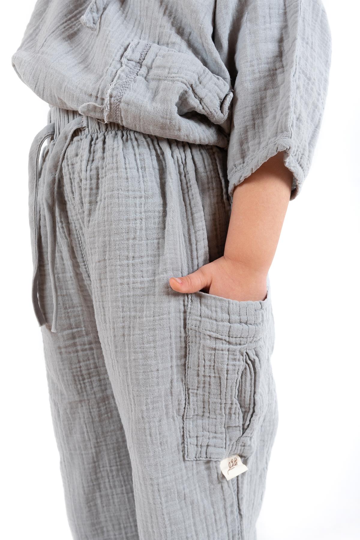 Faven Müslin Unisex Çocuk Kargo Pantolon Gri
