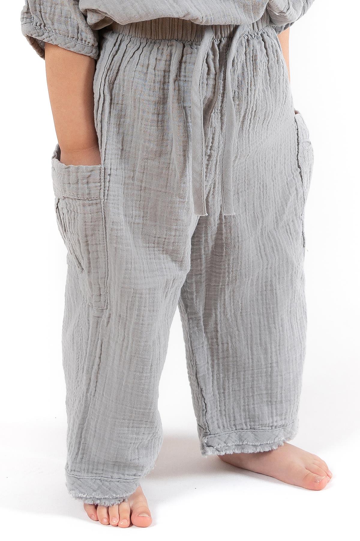 Faven Müslin Unisex Çocuk Kargo Pantolon Gri