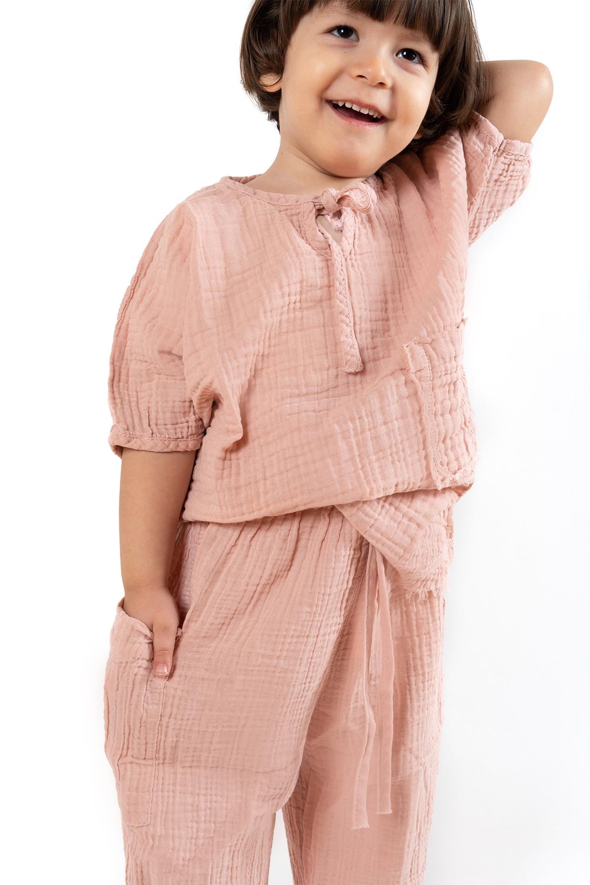 Faven Müslin Unisex Çocuk Kargo Pantolon Pembe
